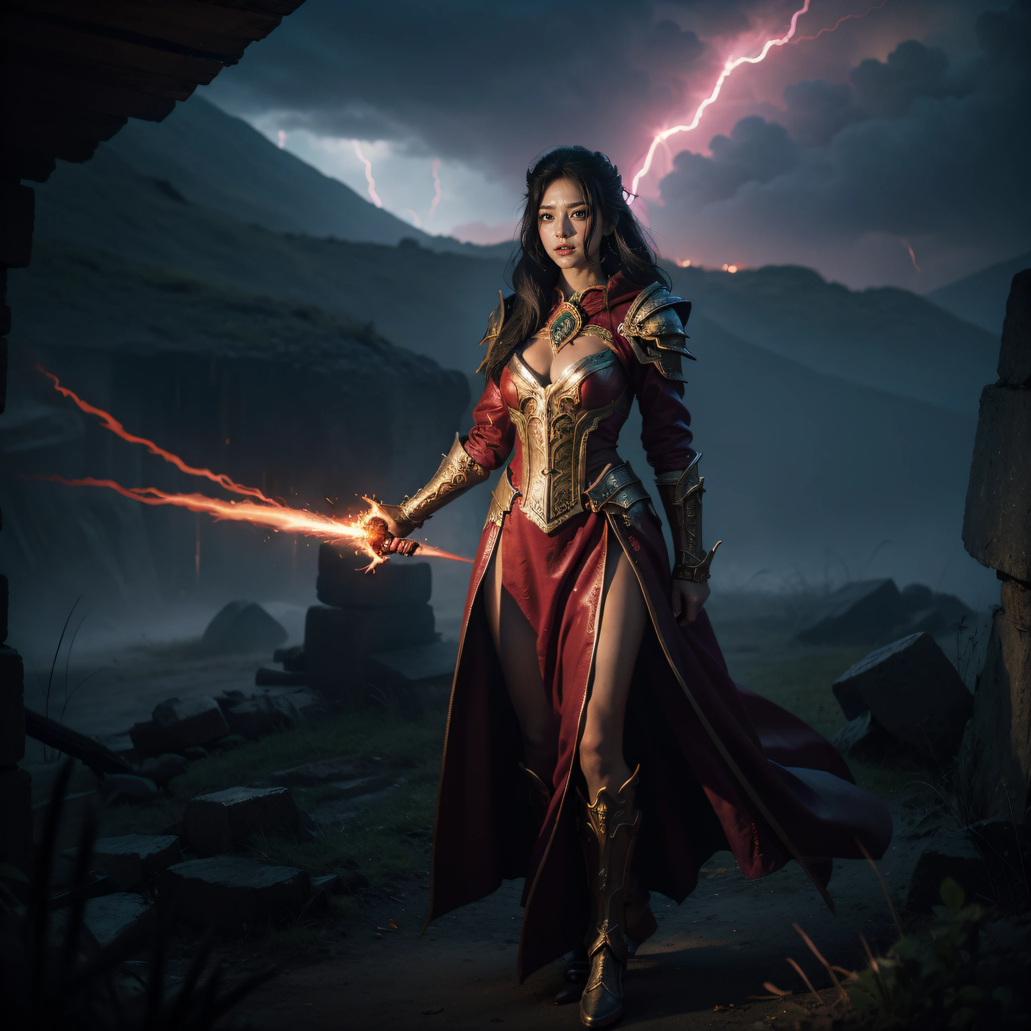 "((epic fantasy scene)) In Diablo 4: A powerful and charming female mage,Decorated in enchantment "Unlimited robes," Stand in the middle of a battlefield engulfed in magical flames. Her hands exude tremendous arcane power, Cast intricate spells,Structure that shapes reality. The sky overhead darkens as swirling dark clouds converge, Crackling bolts ({{Crimson lightning}}). Surrounding her, Towering ancient ruins echo the whispers of forgotten civilizations.