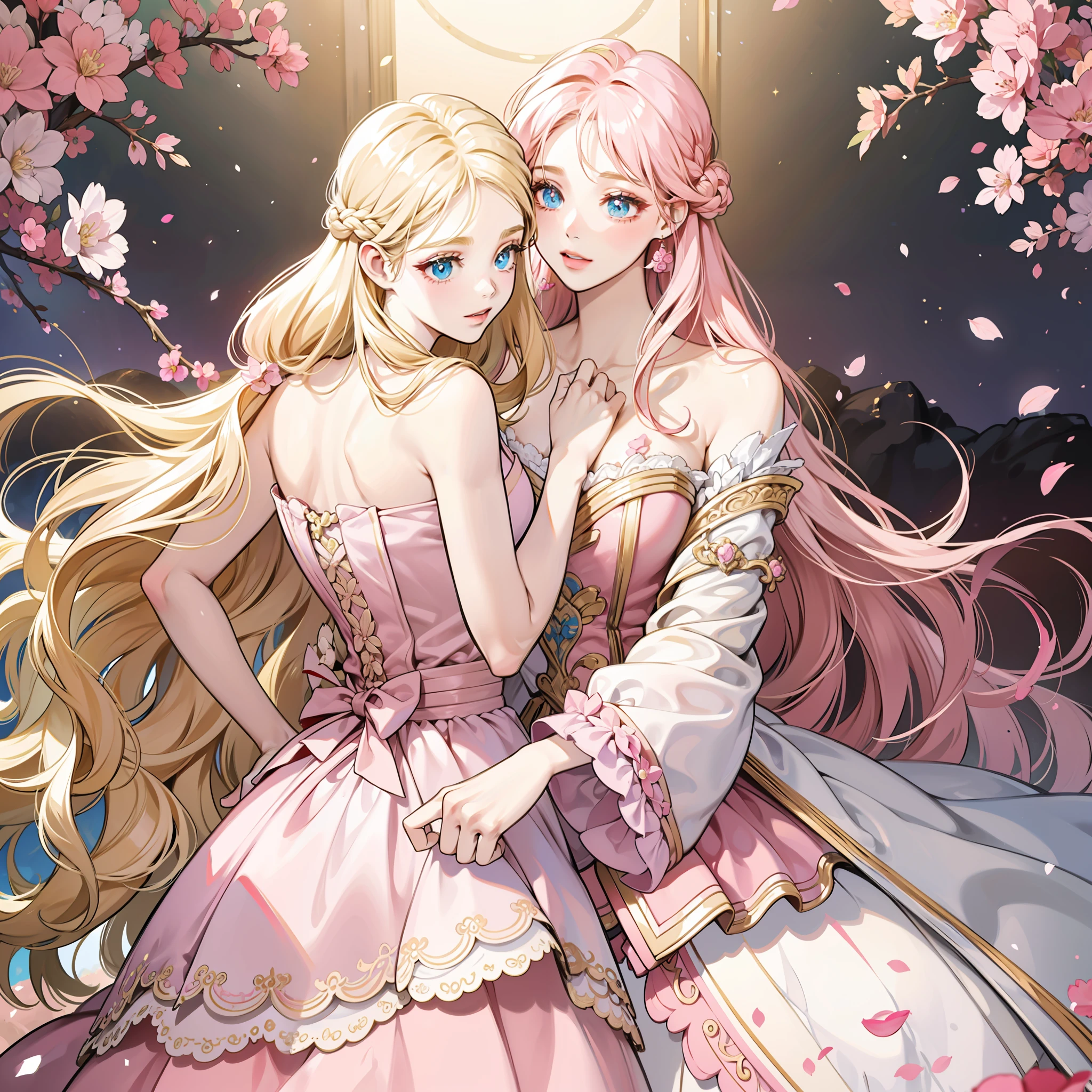 in pink，Barbie，golden hair，in the style of rococo pastel hues，Incredibly beautiful，hyper realisitc，messy  hair，Exaggerated long hair，exquisite and beautiful face，美丽细致的眼睛，White skin of the，largeeyes，barbiecore，Light blue pupils