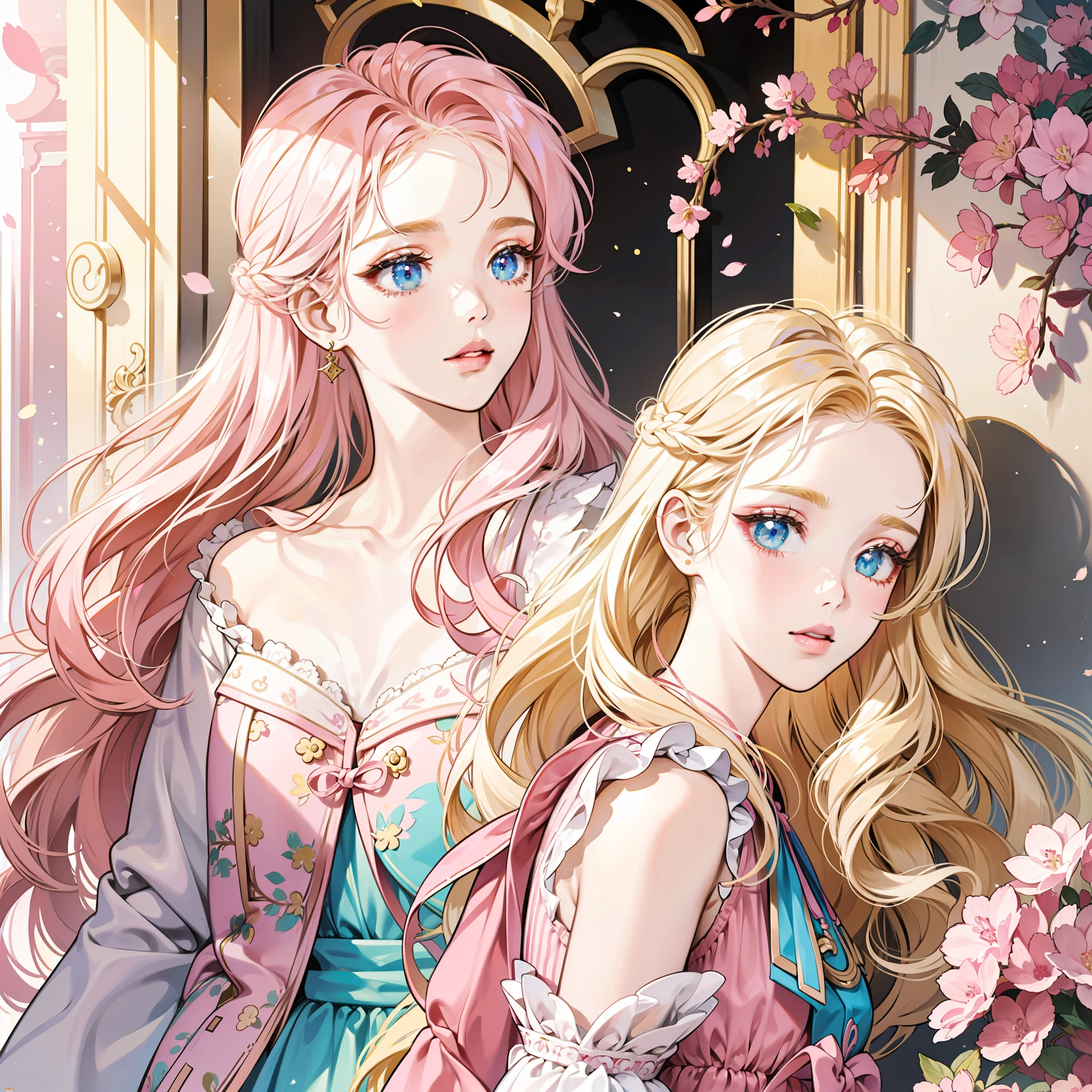 in pink,Barbie,golden hair,in the style of rococo pastel hues,Incredibly beautiful,hyper realisitc,messy hair,Exaggerated long hair,exquisite and beautiful face,美丽细致的眼睛,White skin of the,largeeyes,barbiecore,Light blue pupils