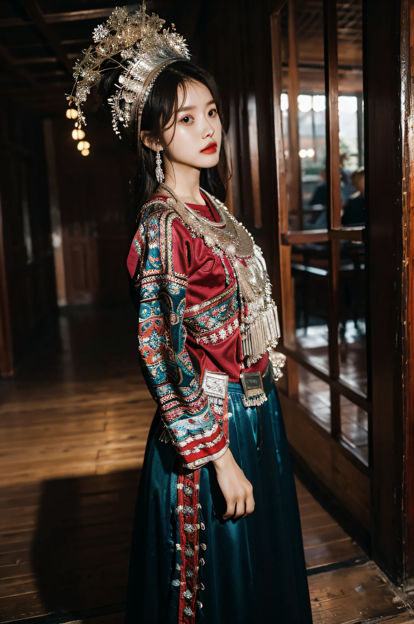 （Hyperrealistic,）4K,35mm，hyper-high detail, Professional lighting, Best quality, Ultra-high resolution, Visually stunning, (1girll:1.1),  Hmong clothing ,realskin,（Perfect body 1.3）Ultra-delicate face。