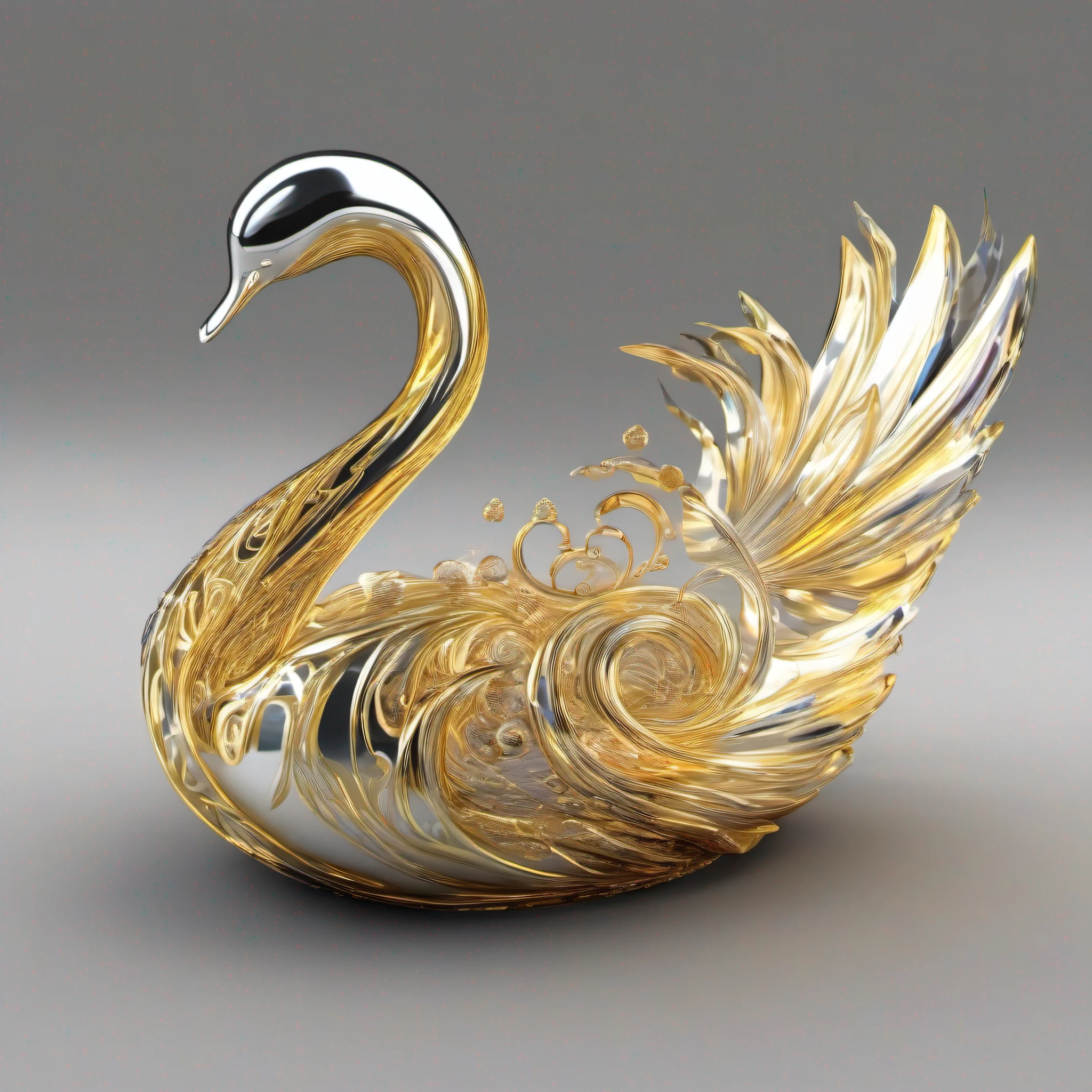 um objeto 3D abstrato com forma amorphous  de cisne feitas de vidro e ouro