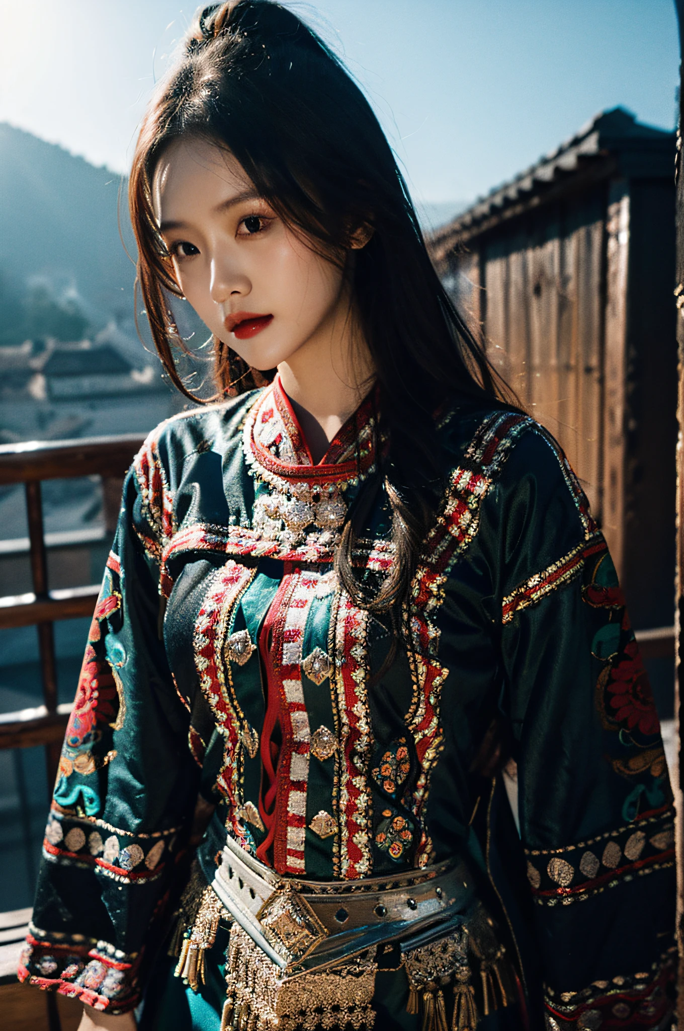 （Hyperrealistic,）4K,35mm，hyper-high detail, Professional lighting, Best quality, Ultra-high resolution, Visually stunning, (1girll:1.1),  Hmong clothing ,realskin,（Perfect body 1.3）Ultra-delicate face。