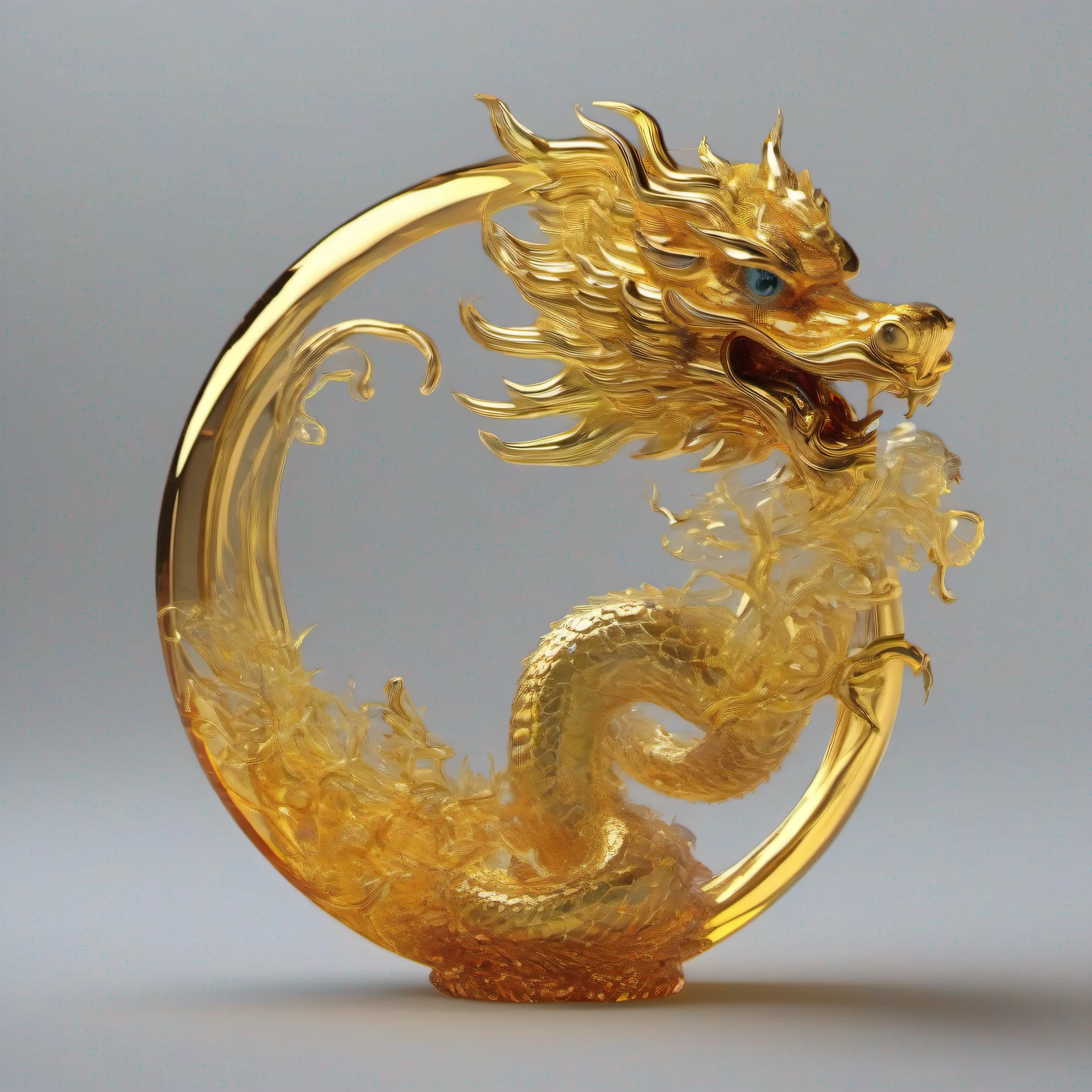 an abstract 3D object with amorphous shape of Chinese dragon made of glass and gold