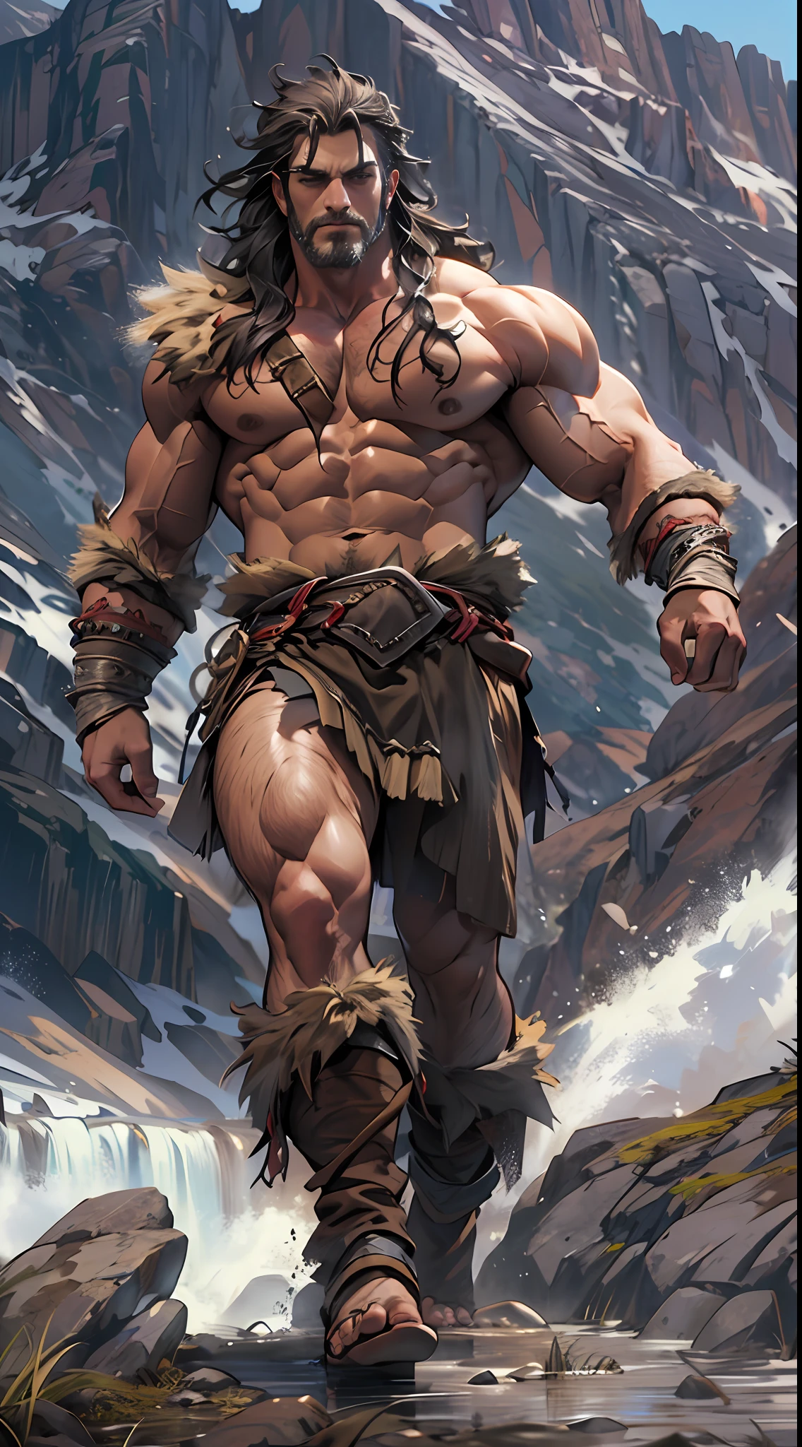 Muscular barbarian, upper body unclothed, legs uncovered from thighs to feet, flowing long curls, detailed muscular physique, lifelike representation, 4K resolution. Background: Wild untamed wilderness with rugged mountains,32k uhd, best quality, masterpiece, super detail, high details
