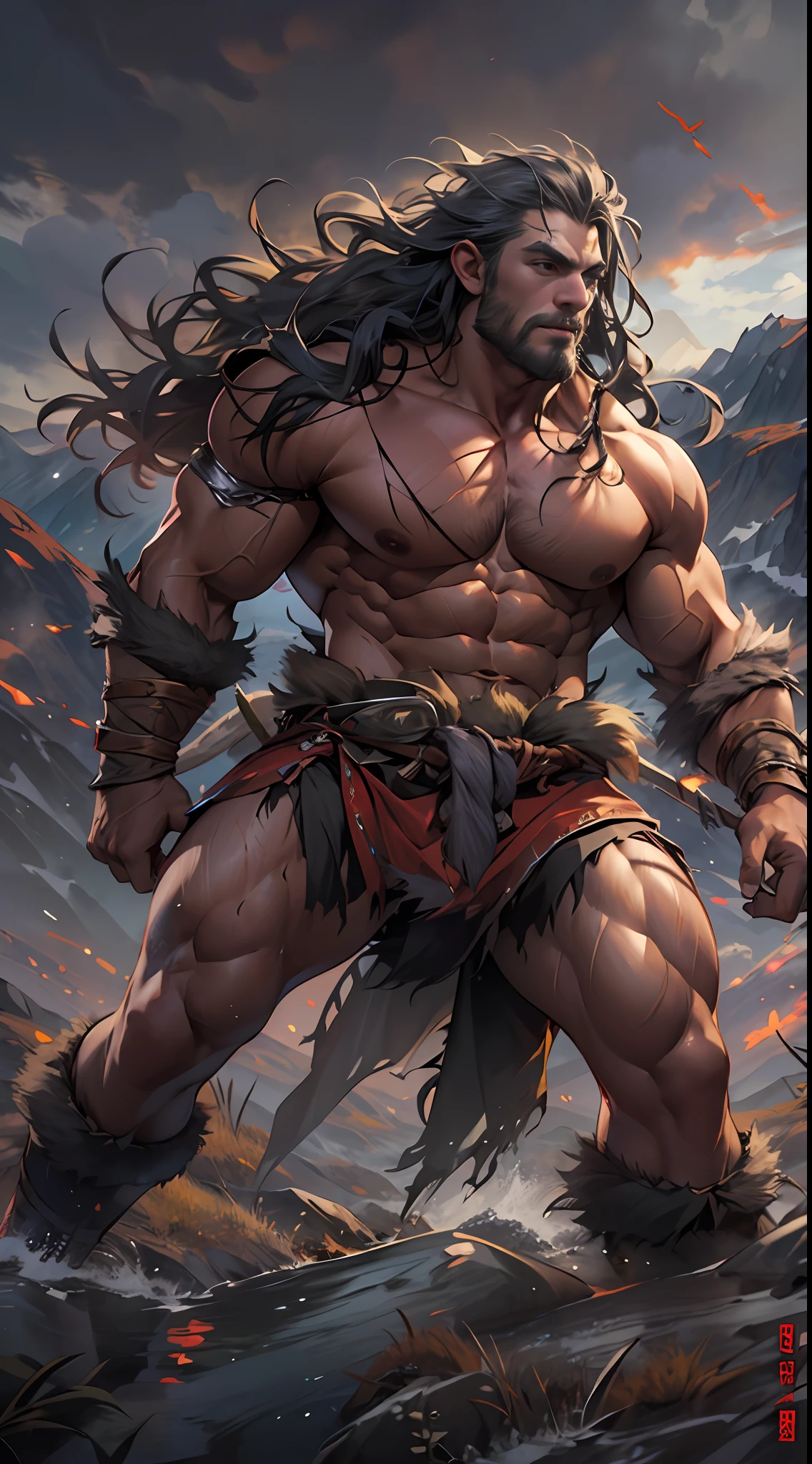 Muscular barbarian, upper body unclothed, legs uncovered from thighs to feet, flowing long curls, detailed muscular physique, lifelike representation, 4K resolution. Background: Wild untamed wilderness with rugged mountains,32k uhd, best quality, masterpiece, super detail, high details