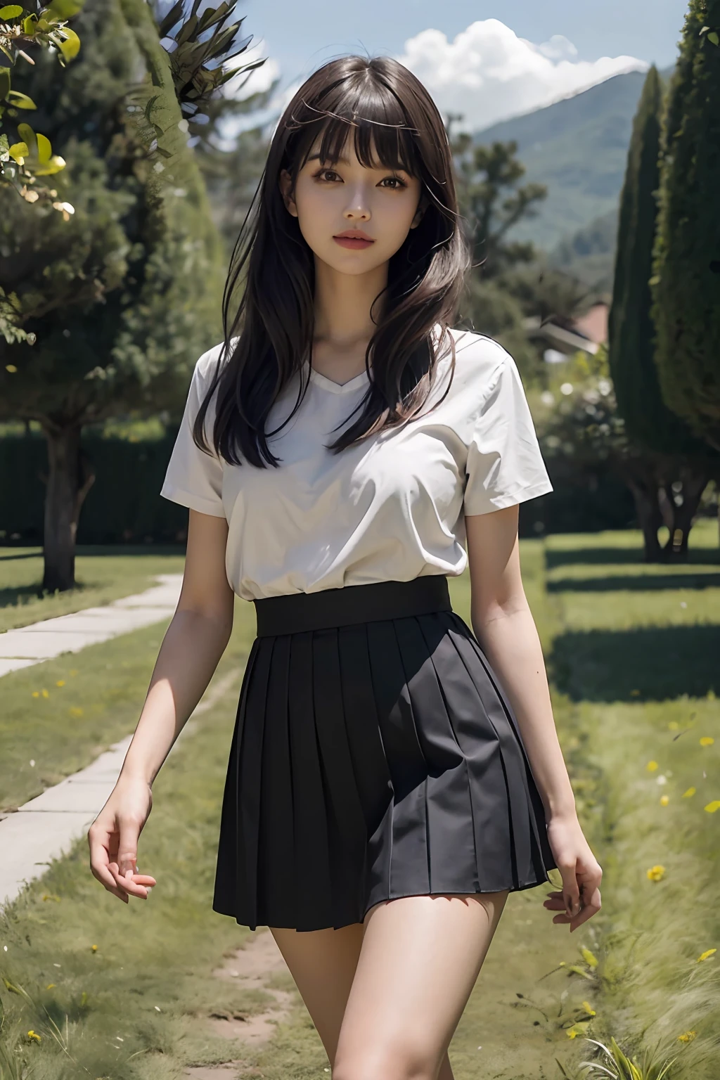 tmasterpiece， Best quality at best， 1girll，Outdoor grass area，cabellos largos dorados，A shallow smile， By bangs， looking at viewert， long leges，Bare legged， short  skirt， （Shot_Hair：2）， （Realistis：1.5）， cinematic photogtaphy，