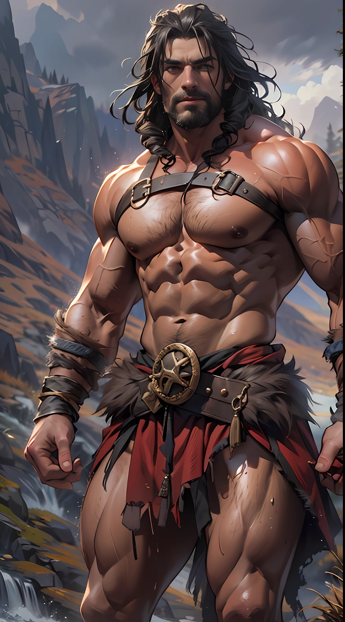 Muscular barbarian, upper body unclothed, legs uncovered from thighs to feet, flowing long curls, detailed muscular physique, lifelike representation, 4K resolution. Background: Wild untamed wilderness with rugged mountains,32k uhd, best quality, masterpiece, super detail, high details