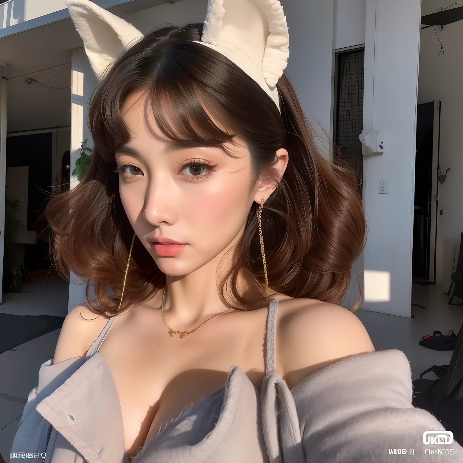 Very detailed CG unity 8k wallpaper, (masterpiece), (best quality), (ultra detailed), (ultra realistic), (best character detail: 1.36), nikon d750 f/1.4 55mm, dynamic angles, professional lighting, Photon mapping, radiosity, physically based rendering, outdoors, busy street, looking at viewer, blushing, 1girl, mature woman, mature woman, tall body, golden ratio,(Kpop idol),(oil skin:1.2),( Oil skin:1.1), makeup,[:(high detailed face:1.2):0.2]:,PureErosFace_v1, ((curly gray hair and delicate style)),(aegyo sal:1),(puffy eyes),( Eyelashes: 1.1), (lips: 1.1), red lipstick, wide shoulders, (mid chest: 1.1), (cleavage: 1.1), animal ears, (big butt: 1.2), thighs, silk coat, Song Dynasty, Song Dynasty, Song suit
