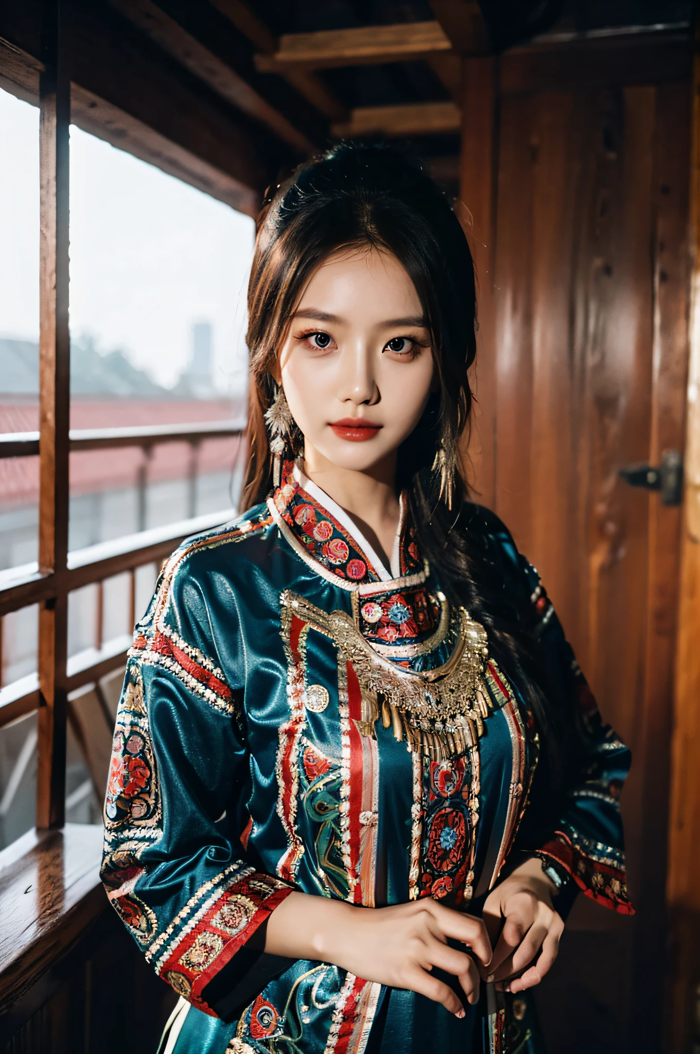 （Hyperrealistic,）4K,35mm，hyper-high detail, Professional lighting, Best quality, Ultra-high resolution, Visually stunning, (1girll:1.1), （Hmong clothing）,realskin,（Perfect body 1.3）Ultra-delicate face。