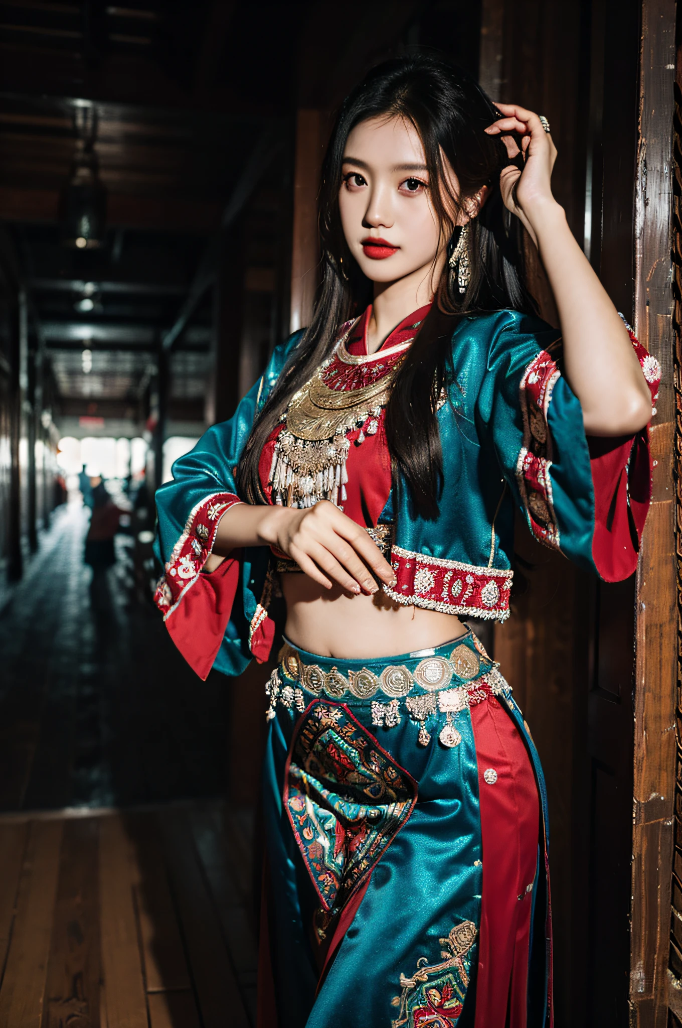 (Hyperrealistic,)4K,35mm,hyper-high detail, Professional lighting, Best quality, Ultra-high resolution, Visually stunning, (1girll:1.1), (Hmong clothing),realskin,(Perfect body 1.3)Ultra-delicate face。