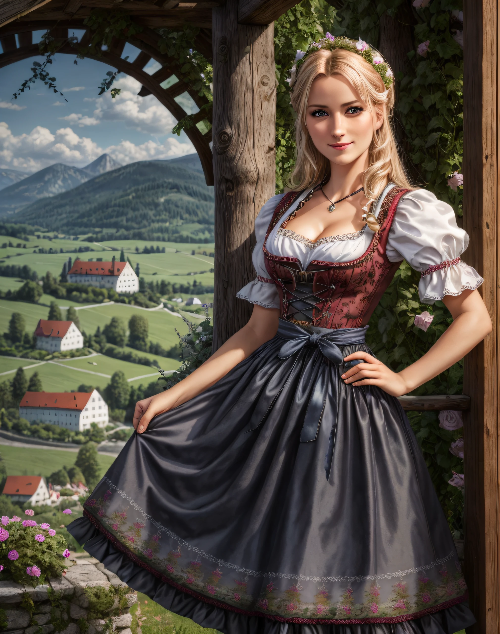 Masterpiece, absurdres, fine detail, HDR, highly detailed face and eyes, photorealistic, dirndl, a woman in traditional bavarian dress poses for a picture , german woman, wearing a dirndl,