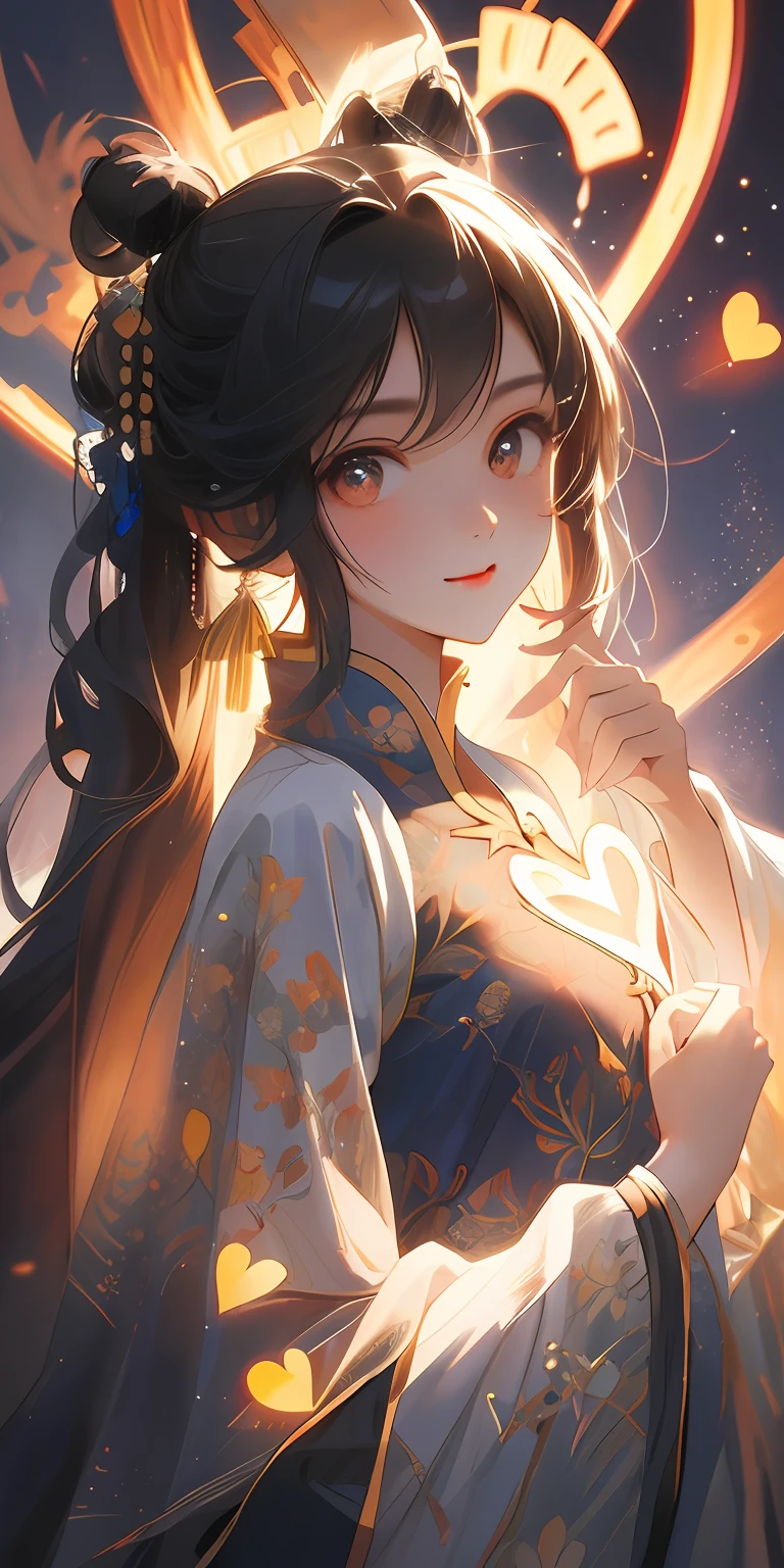tmasterpiece，Best quality，1girll，frontage，Face the lens，（There is a heart-shaped glow on the chest：1.3），Close-up of heart-shaped light，Chinese fabric，Chinese style，The picture glows，dream magical