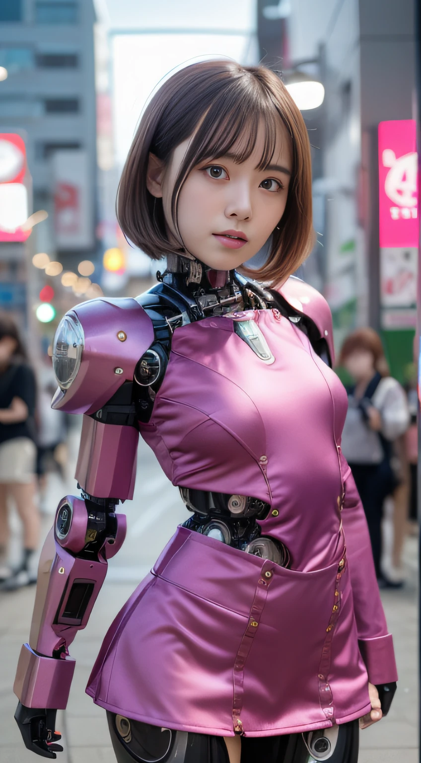 (Photorealsitic:1.4)、Onegirl、(top-quality),(hyperdetailed face)、(Super well-formed face)、((Robot Parts))、(Cyborg girl)、(Burgundy)、(metalic)、(fullllbody)、(sexy  pose)、(Slender body)、(tits out)、(Model body type)、(mecha exposure)、(akihabara)、(is looking at the camera)、(A dark-haired)、(９Head and body)、(a small face)、(Idol)、(front facing)、(is standing)、(Photo session)、(Looks sad)、(Cyborg girl in pink satin dress)、(sleeve less)、(a miniskirt)