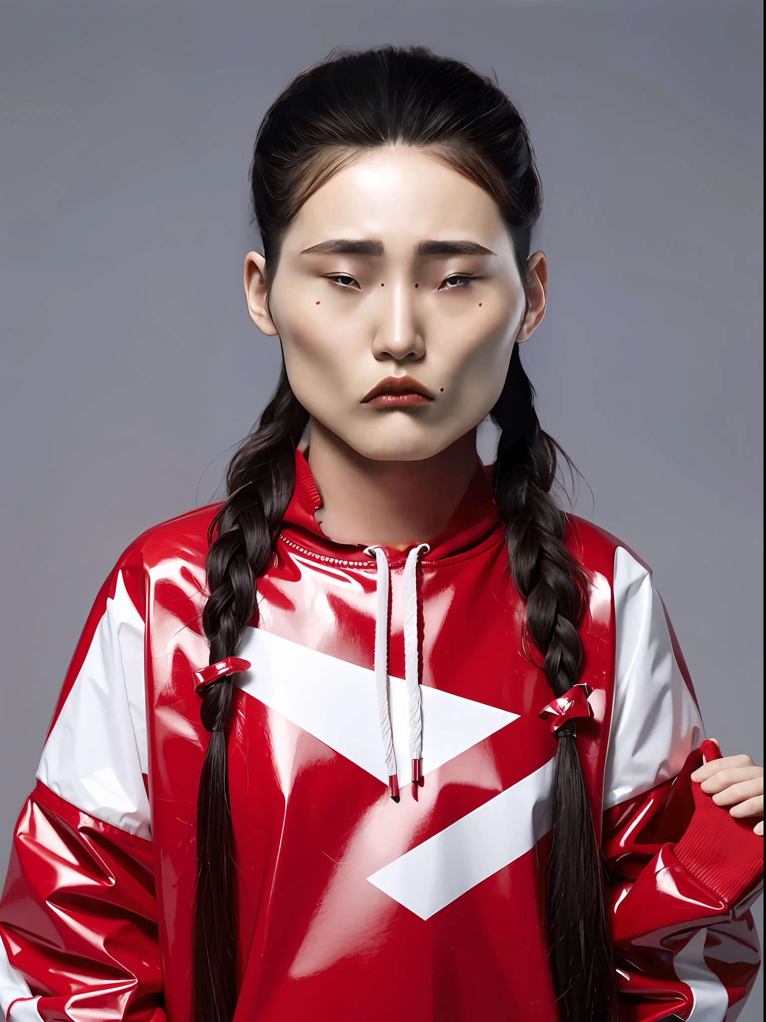 A Chinese high school girl,Wearing a red PVC sweatshirt,long braid