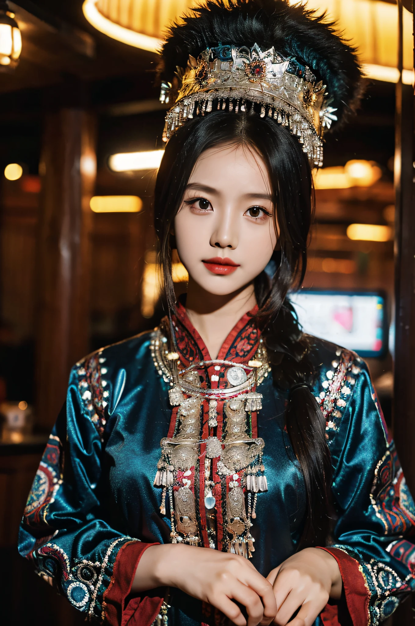 （Hyperrealistic,）4K,35mm，hyper-high detail, Professional lighting, Best quality, Ultra-high resolution, Visually stunning, (1girll:1.1), （Hmong clothing）,realskin,（Perfect body 1.3）Ultra-delicate face。