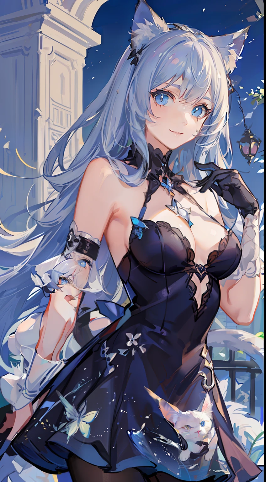 young girl, Long white hair, cat ears, cat tail, blue eyes, Blue luxurious tight dress, ssmile, Masterpiece, hiquality