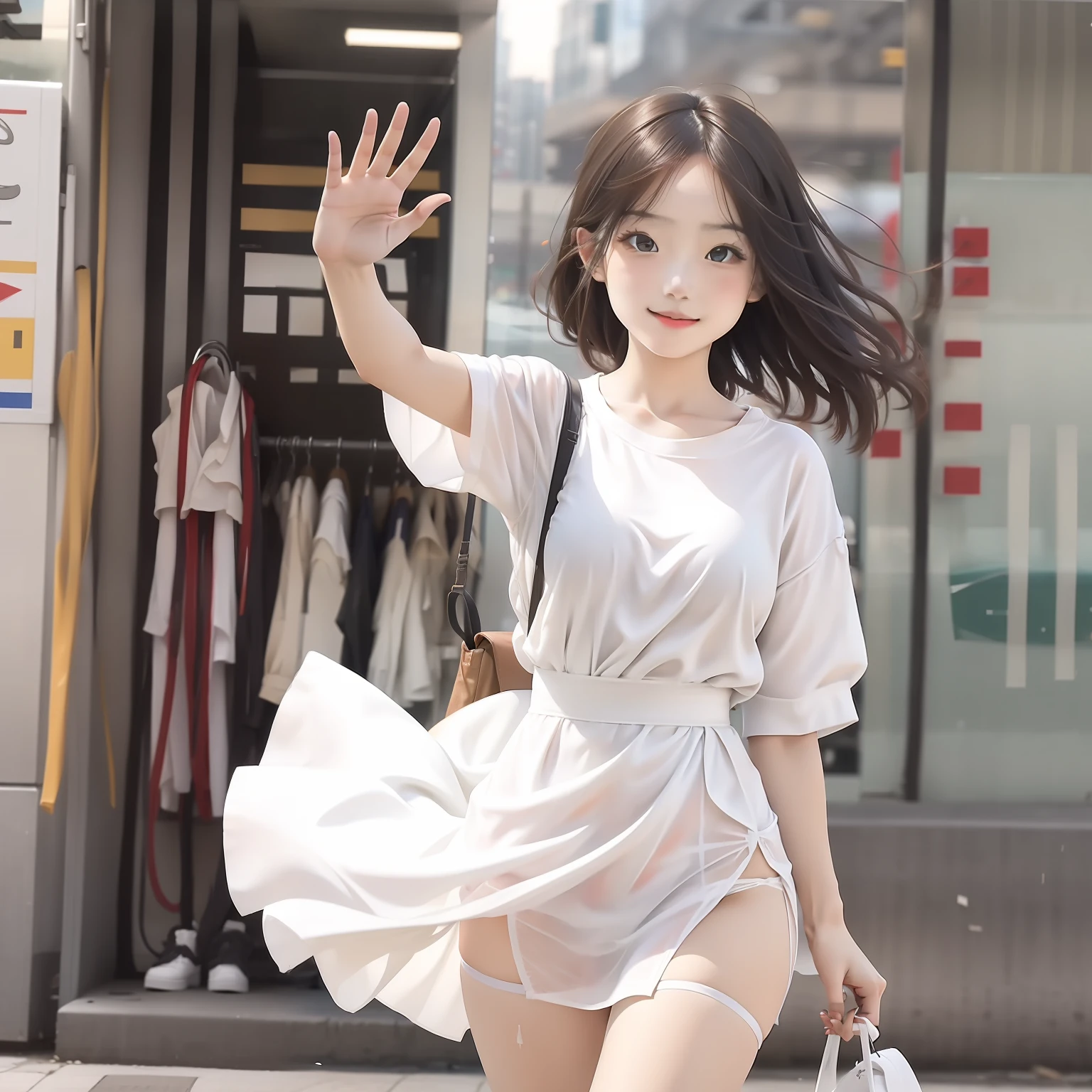 A cute girl in a white shirt and miniskirt waving to the camera,The wind blew up her dress,Inside is white