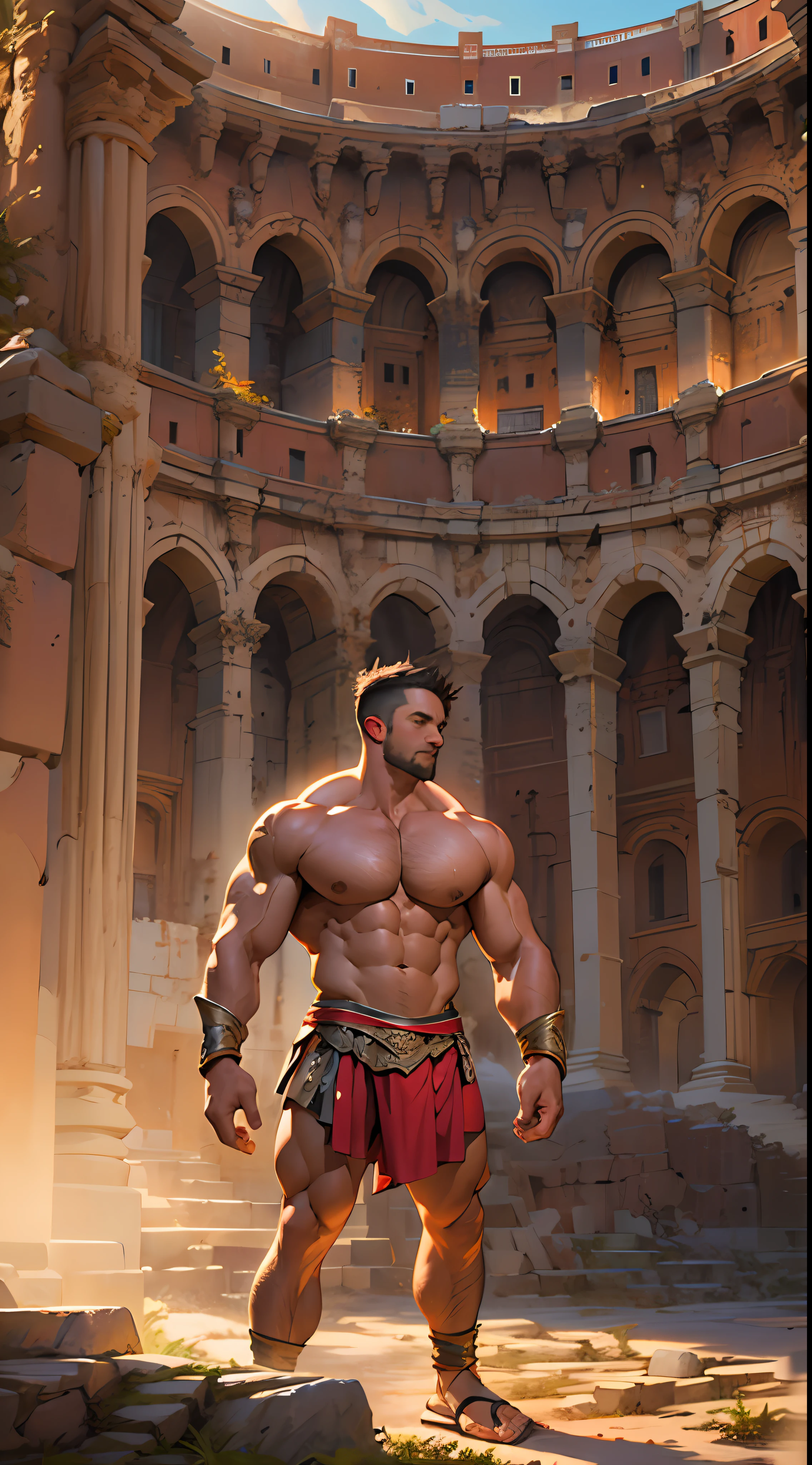 Mighty gladiator, chest uncovered, lower body revealed from thighs to feet, cascading long curls, detailed muscular physique, lifelike depiction, 4K resolution. Background: Colosseum during a spectacular sunset,32k uhd, best quality, masterpiece, super detail, high details