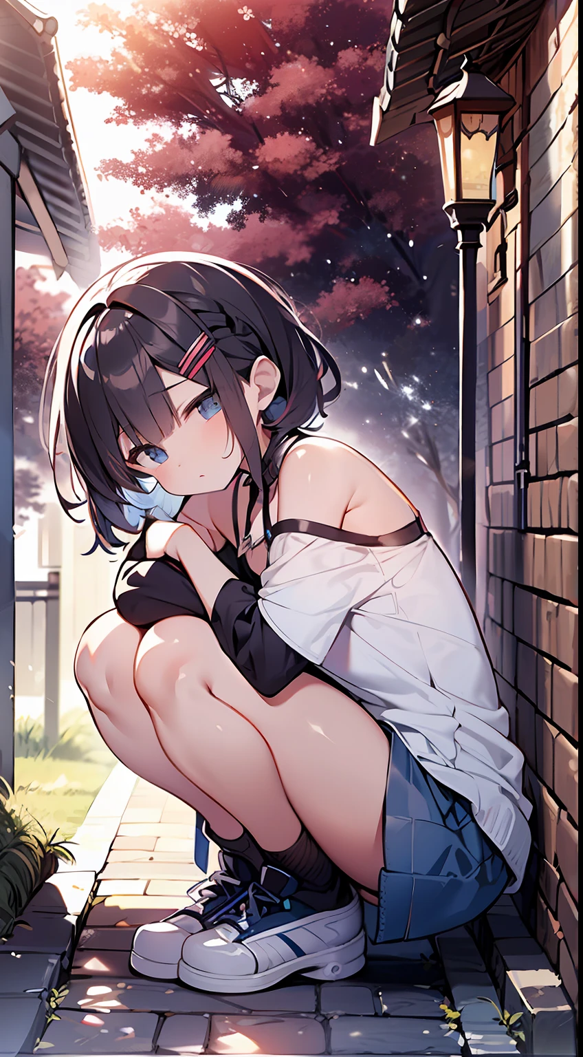 (top-quality、32K image quality、​masterpiece、nffsw:1.2)、a cute loli、Medium short hair、short braiding、beauitful face、(Slouched:1.3)、at the sunset、crouching down、(From  above:1.3)、(a closeup:1.4)、small curvy loli、((You can see the chest))、Bust Up Perspective、Loose baggy large T-shirt、(beautiful nipple slips:0.9)、outside of house、the wind、shinny skin、blurry backround