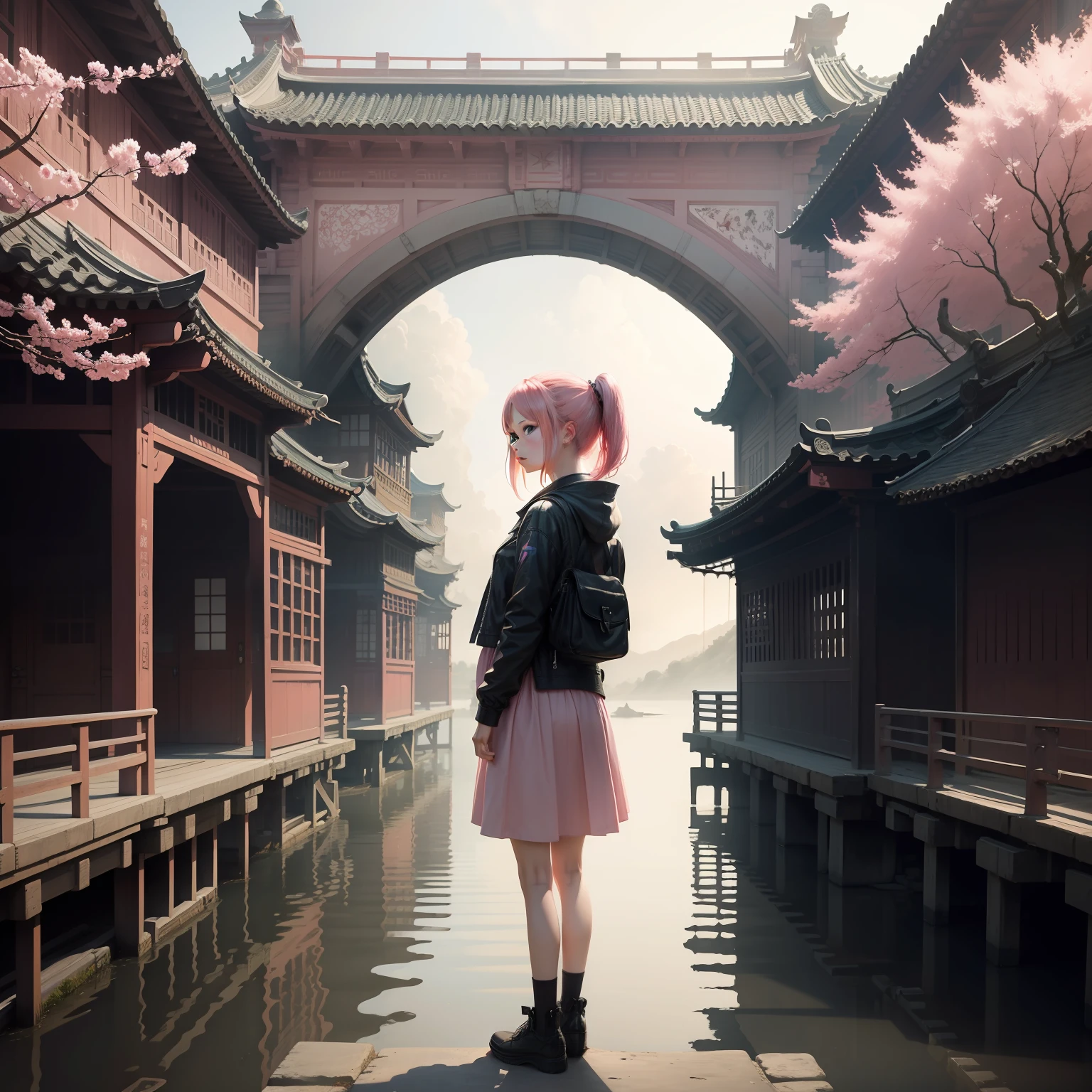 Girl with pink hair standing alone on the bridge,Look ahead,The picture is presented in the style of ink painting,Delivers ultra-clear results。