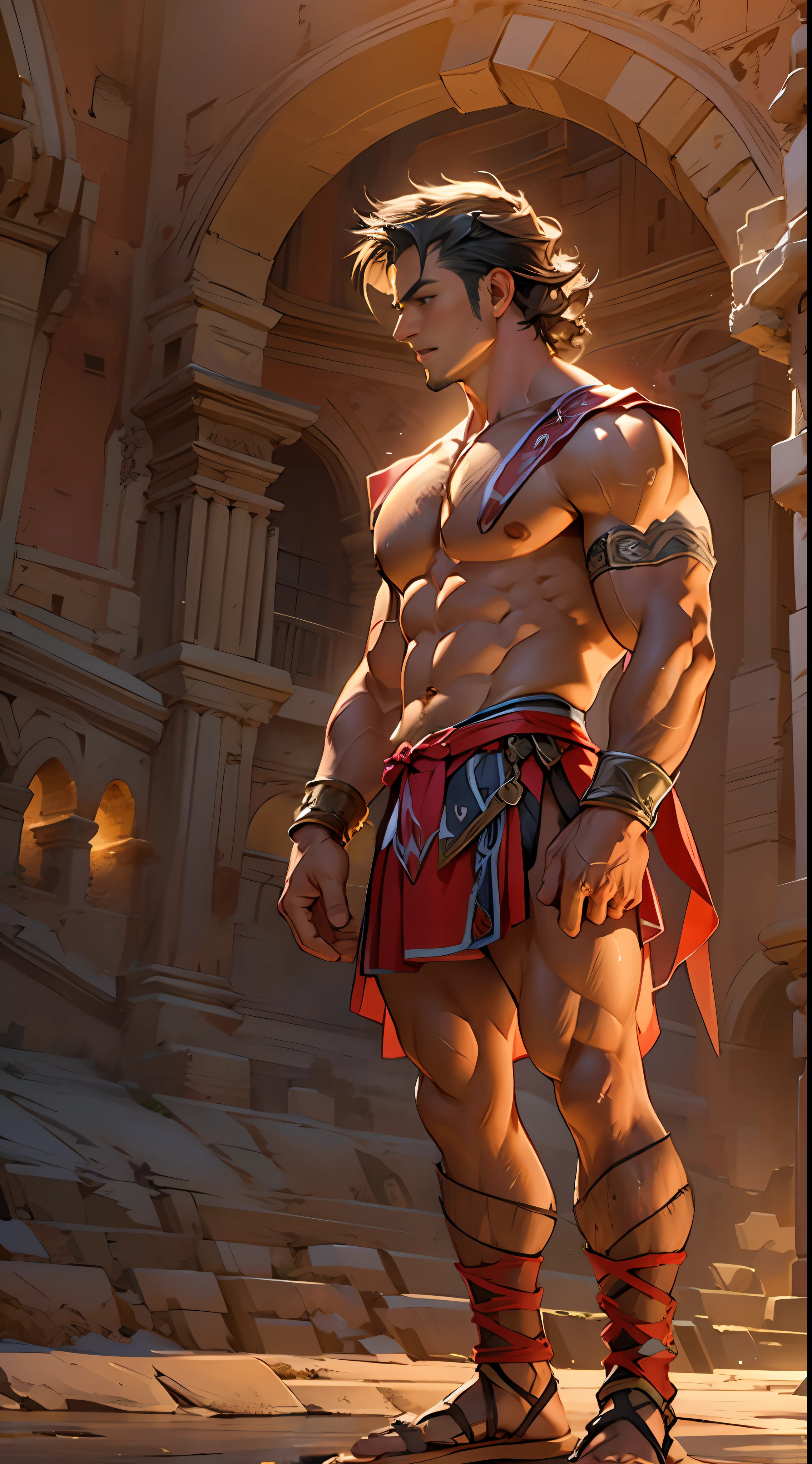 Mighty gladiator, chest uncovered, lower body revealed from thighs to feet, cascading long curls, detailed muscular physique, lifelike depiction, 4K resolution. Background: Colosseum during a spectacular sunset,32k uhd, best quality, masterpiece, super detail, high details