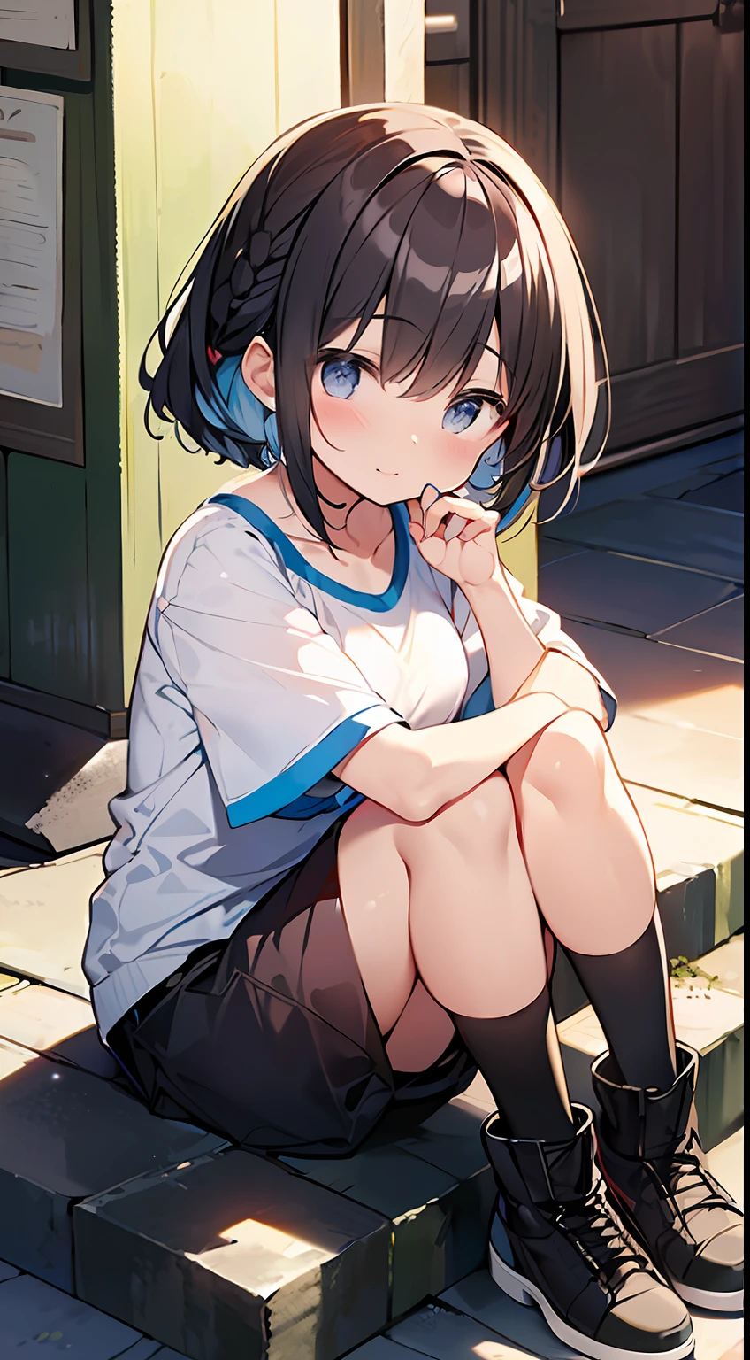(top-quality、32K image quality、​masterpiece、nffsw:1.2)、a cute loli、Medium short hair、short braiding、beauitful face、(Slouched:1.3)、at the sunset、crouching down、(From  above:1.3)、(a closeup:1.4)、small curvy loli、((You can see the chest))、Bust Up Perspective、Loose baggy T-shirt、(beautiful nipple slips:0.9)、outside of house、the wind、shinny skin、blurry backround