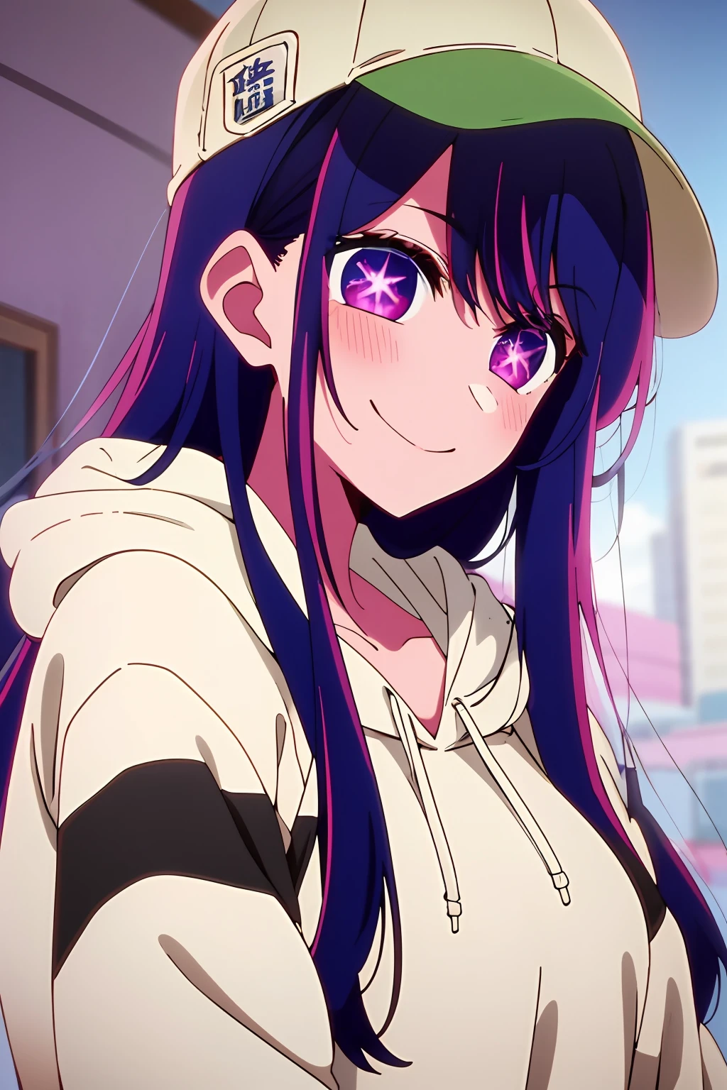 masterpiece、ighly detailed、(1 girl in:1.2)、purple color hair、White hoodie、big eye、a closeup、A smile、8K、Ai Hoshino、Black hat🧢、丸いサングラス🕶️
