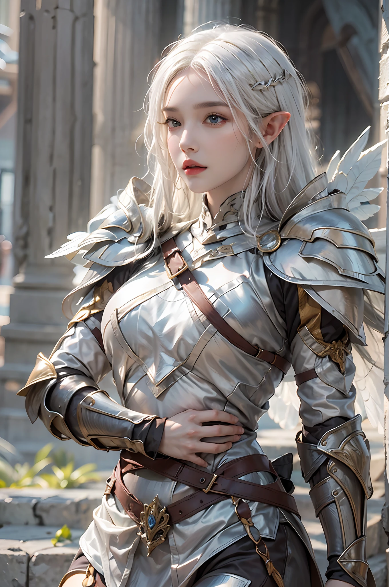 photorealistic, high resolution, 1 women, solo, hips up, look at viewer, (detailed face), white hair, knight armor, elf, angle wings