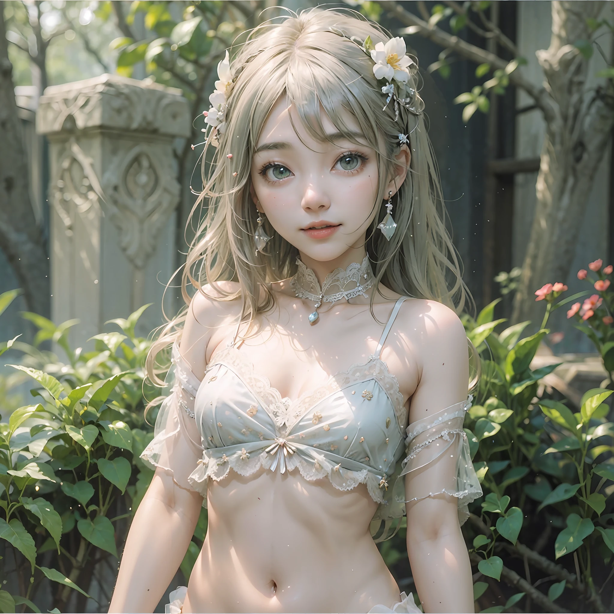 {{1girl}},{{Solo}},{{Beautiful hair}},depth of field, dreamy, Very beautiful girl, Delicate cute features, Vivid and cute, {{Photorealistic}}, Extreme details, Realistic movie lighting, Moderately highlight, (NSFW:1.2), Undergarments, Sheerness, Soft smile, (upper body), Beautiful skin, Supremely cute child's face, Very delicate hair ornament, sparkly silver hair, half Western and half Eastern, compact head, see-through lace, camisole, relaxed pretty princess, glossy lips, seductive belly button, modest waist width, sexy outfit