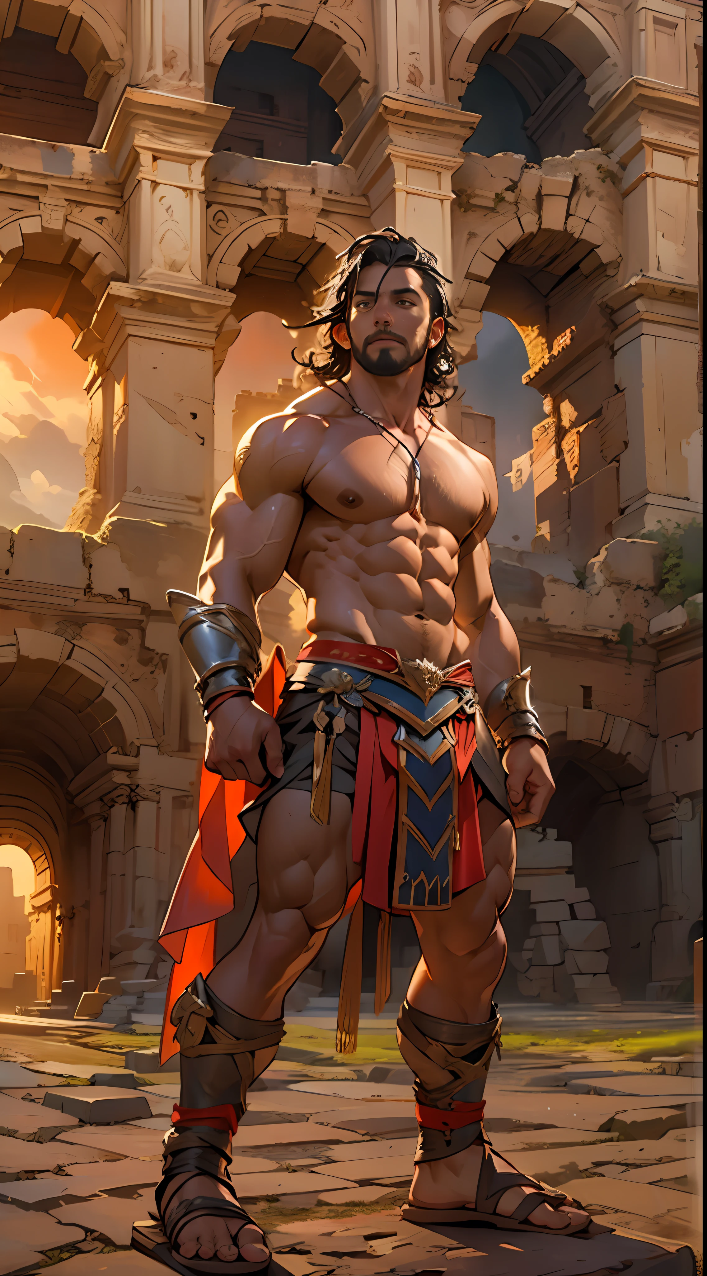 Mighty gladiator, chest uncovered, lower body revealed from thighs to feet, cascading long curls, detailed muscular physique, lifelike depiction, 4K resolution. Background: Colosseum during a spectacular sunset,32k uhd, best quality, masterpiece, super detail, high details