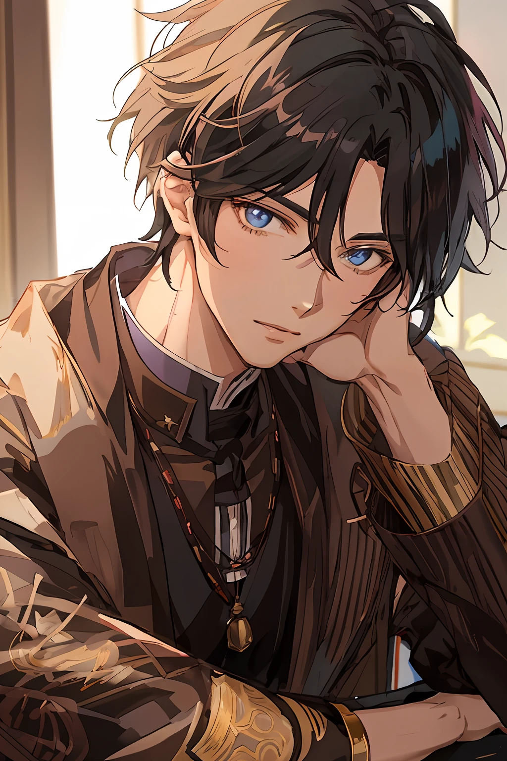 anime boy with black hair and a brown shirt sitting at a table, beautiful androgynous prince, delicate androgynous prince, handsome guy in demon slayer art, anime handsome man, handsome anime pose, anime portrait of a handsome man, male anime character, tall anime guy with blue eyes, handsome japanese demon boy, young anime man, male anime style, taisho roman