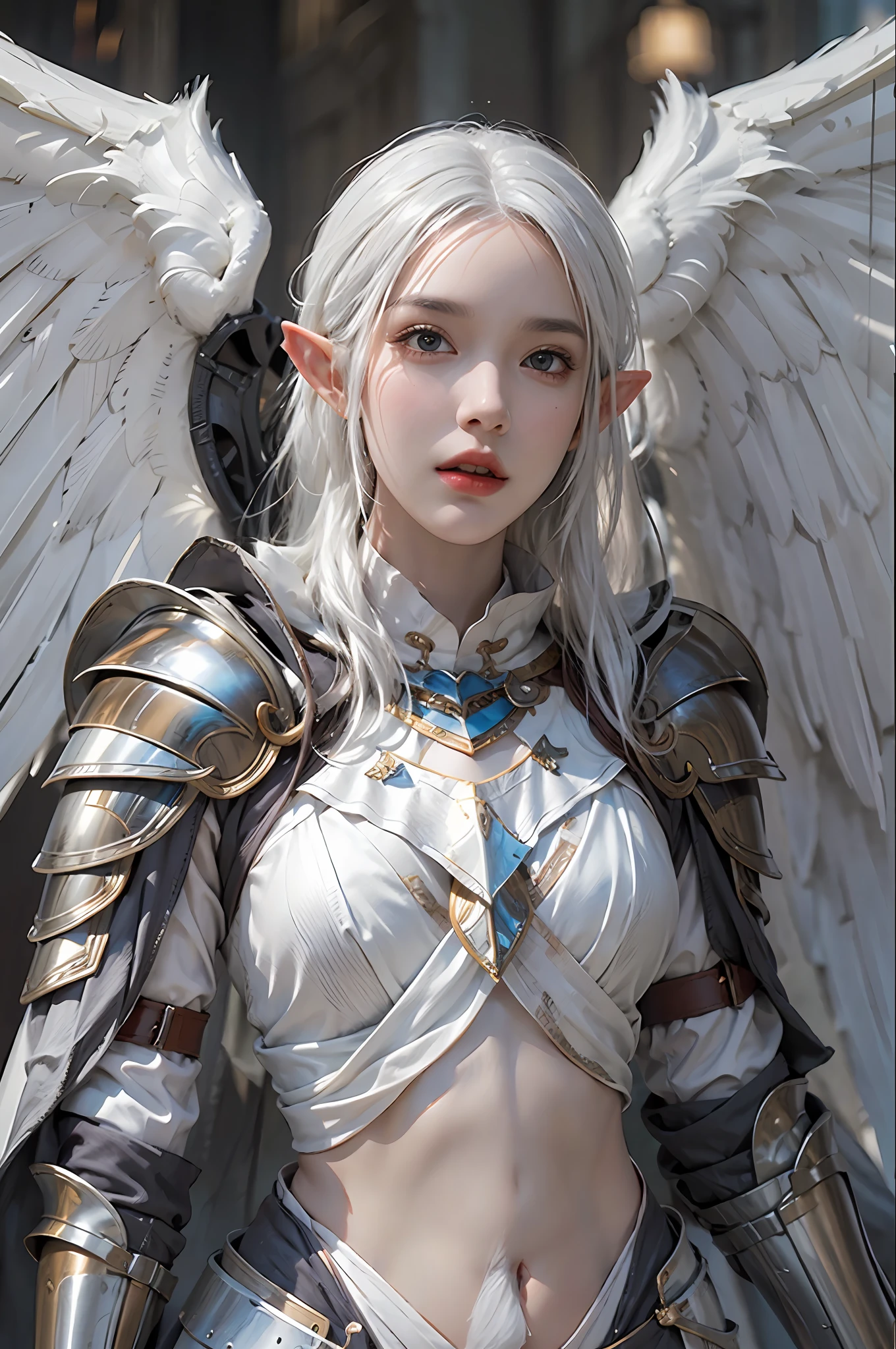 photorealistic, high resolution, 1 women, solo, hips up, look at viewer, (detailed face), white hair, knight armor, elf, angle wings