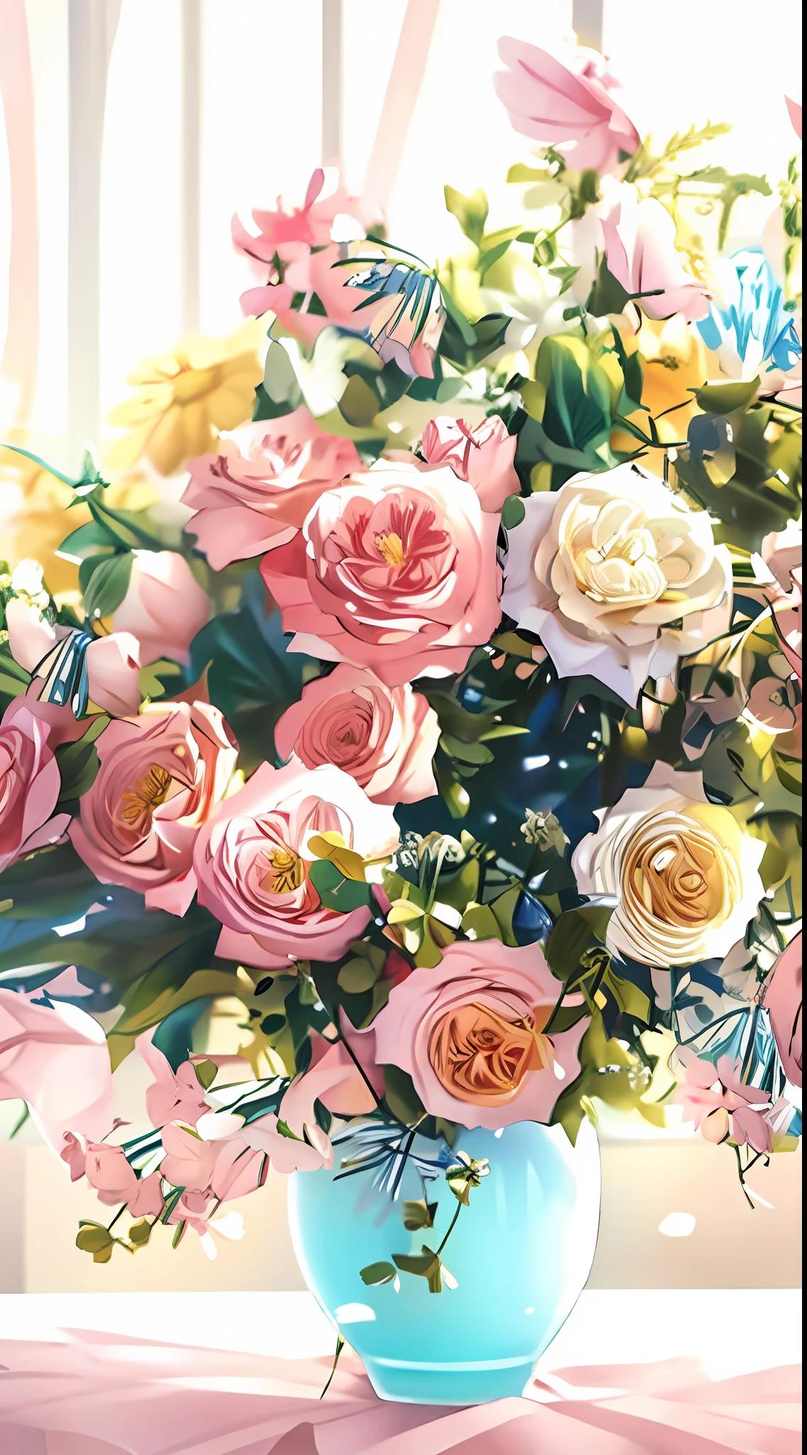 There was a vase of flowers on the table,There are plates inside, i dream of a vase flowers, soft flowers, pastel roses, summer morning light, with soft pink colors, Beautiful flowers, sunny morning light, summer morning, beautiful flowers, roses and lush fern flowers, Soft glow, Soft morning light, Bouquet, Tranquil Mood, Pink flowers, Blooming flowers, beautiful aesthetic