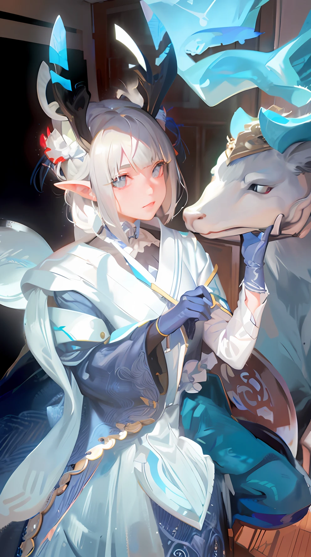 silver hair, white hair, Surrealism, cinematic lighting, sparkle, drop shadow, glowing light, lens flare, bokeh, Canon, 135mm, UHD, retina, textured skin, highres,Asian girl with antlers