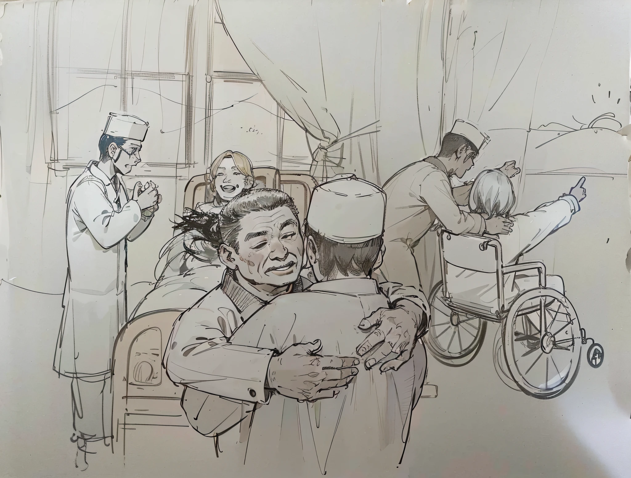 Sketch of a man in a wheelchair and a woman in a wheelchair, author：Kim Jong-hee, author：Zhang Shengqi, by Ni Yuanlu, artist unknown, Fan art, full page illustration, author：Kim Eun-hwan, By senior artists, wholesome, author：Yang Borun, author：Yan Hui, author：anato finnstark，Harmonious relationships before tribulation，The picture is realistic，Classical oil painting，Content details are clearly visible，k hd，Oil painting texture，Rembrandt，photorealestic，real photograph，Harmony of lighting，Informative，photorealestic，photore，Four doctors carry stretchers，Mono Color，brownish colors，foto antiga，Content refinement，real photograph，chromatically，Recover photos，photorealestic，k hd，coloured photo，Details are clearly visible，The content is delicate，The expressions of the characters are clearly visible， shadowing,, stereograms, tachi-e, angle of view, Atmospheric perspective, 8K, Super detail, Best quality,The colors are real，real photograph，The content remains the same，Dynamic is more natural，and harmonious，The faces of the characters are more realistic and delicate，Oil painting texture，Near-realistic photos，k hd，Content refinement，Doctor vs. patient scene