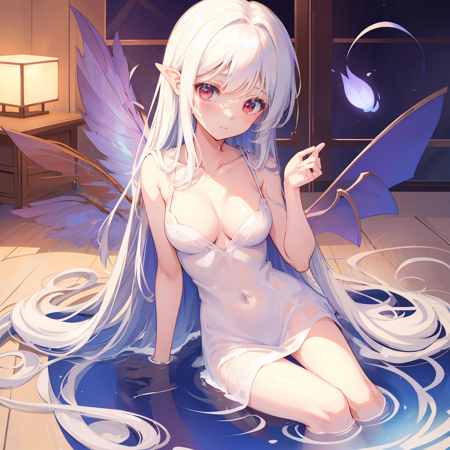 masutepiece, Fine detail, 4K, 8K, 12K, Solo, 1 person, Beautiful Girl, caucasian female, Sariel, Touhou Project, White hair, Red Eyes, Wings, fullnude、爆乳、cleavage of the breast、Nothing is worn、no-bra、No pants、No clothing、Clothes are torn、The nipple is visible、No towel、take bath、