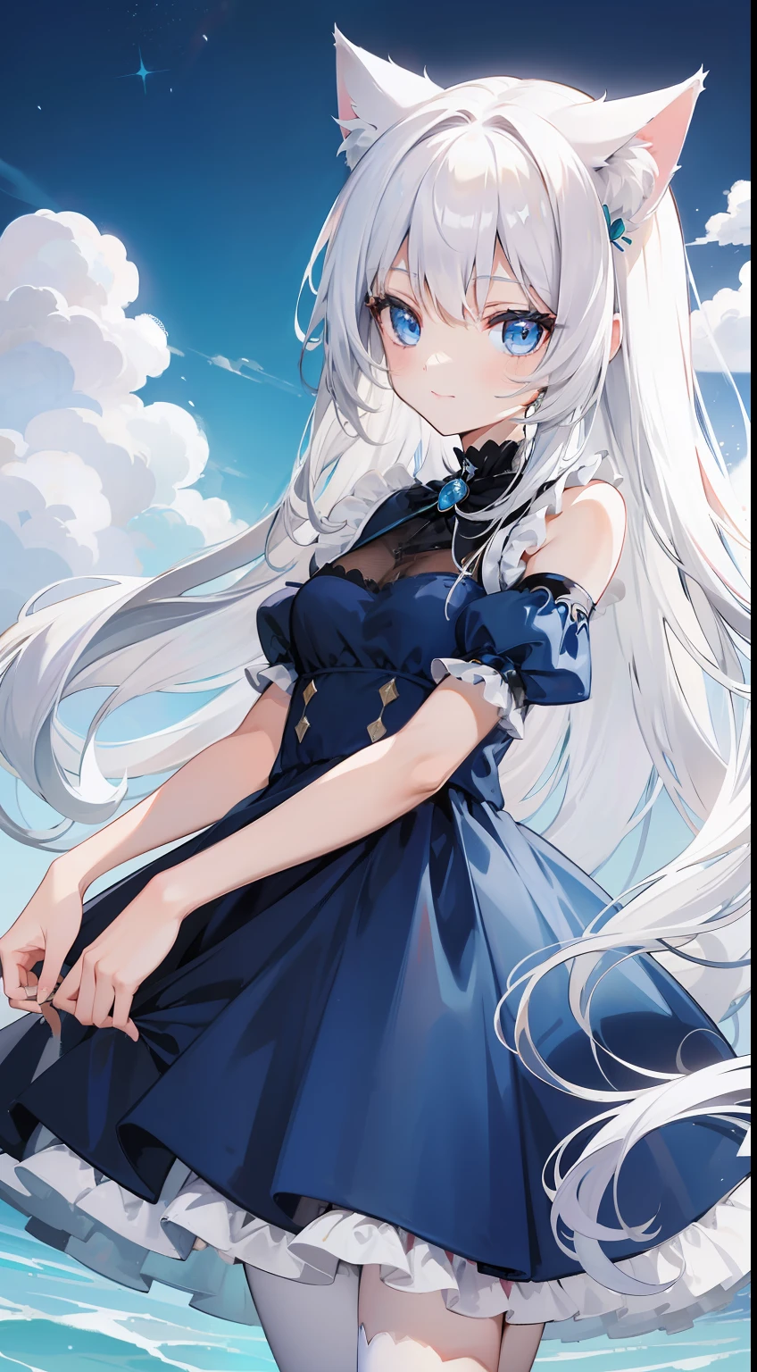 young girl, Long white hair, cat ears, cat tail, blue eyes, Blue luxurious tight dress, ssmile, Masterpiece, hiquality