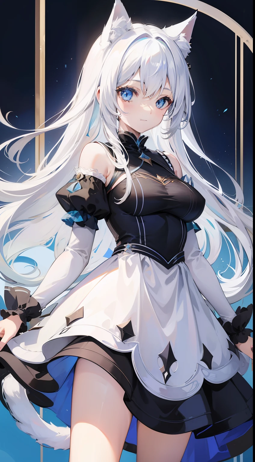 young girl, Long white hair, cat ears, cat tail, blue eyes, Blue luxurious tight dress, ssmile, Masterpiece, hiquality