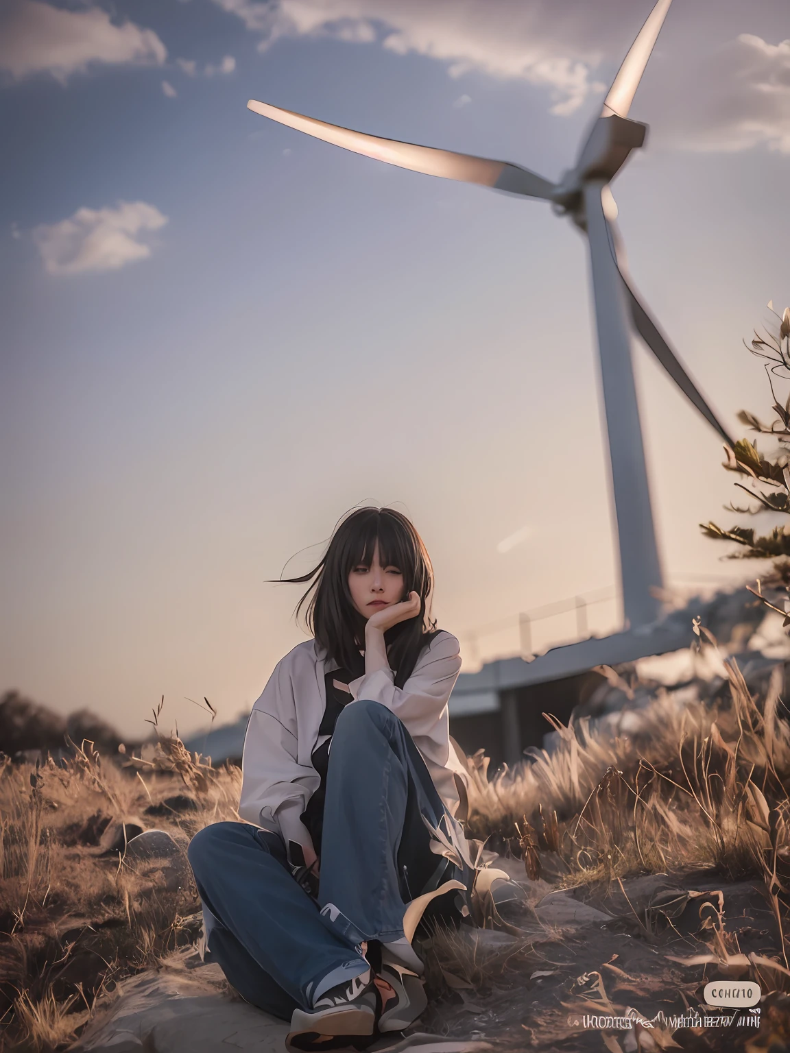 Arad woman sitting on a rock next to a wind turbine, lofi girl aesthetic, lofi-girl, wind kissed picture, The wind blows hair, strong winds, wind blown, Anime style mixed with Fujifilm, wind in the hair, wind blown，hair flowing, Beautiful young wind spirit, ulzzangs, windy day, lofi portrait, windy hair