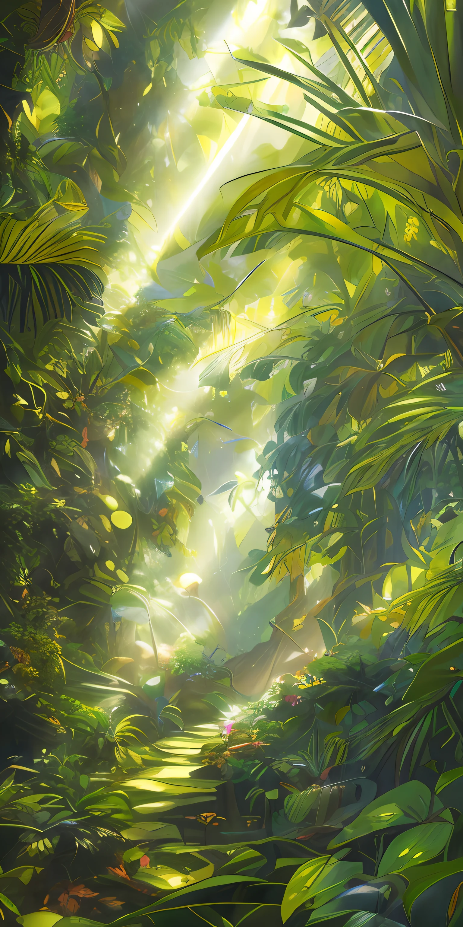 Digital illustration, detailed and intricate, of a dense jungle filled with exotic plants and animals, the sunlight filtering through the canopy creating a dappled effect. In the style of Yoshitaka Amano and Hayao Miyazaki, masterpiece, proportional, detailed, trending on artstation, beautiful lighting, realistic, intricate, award winning, 4k, highest quality