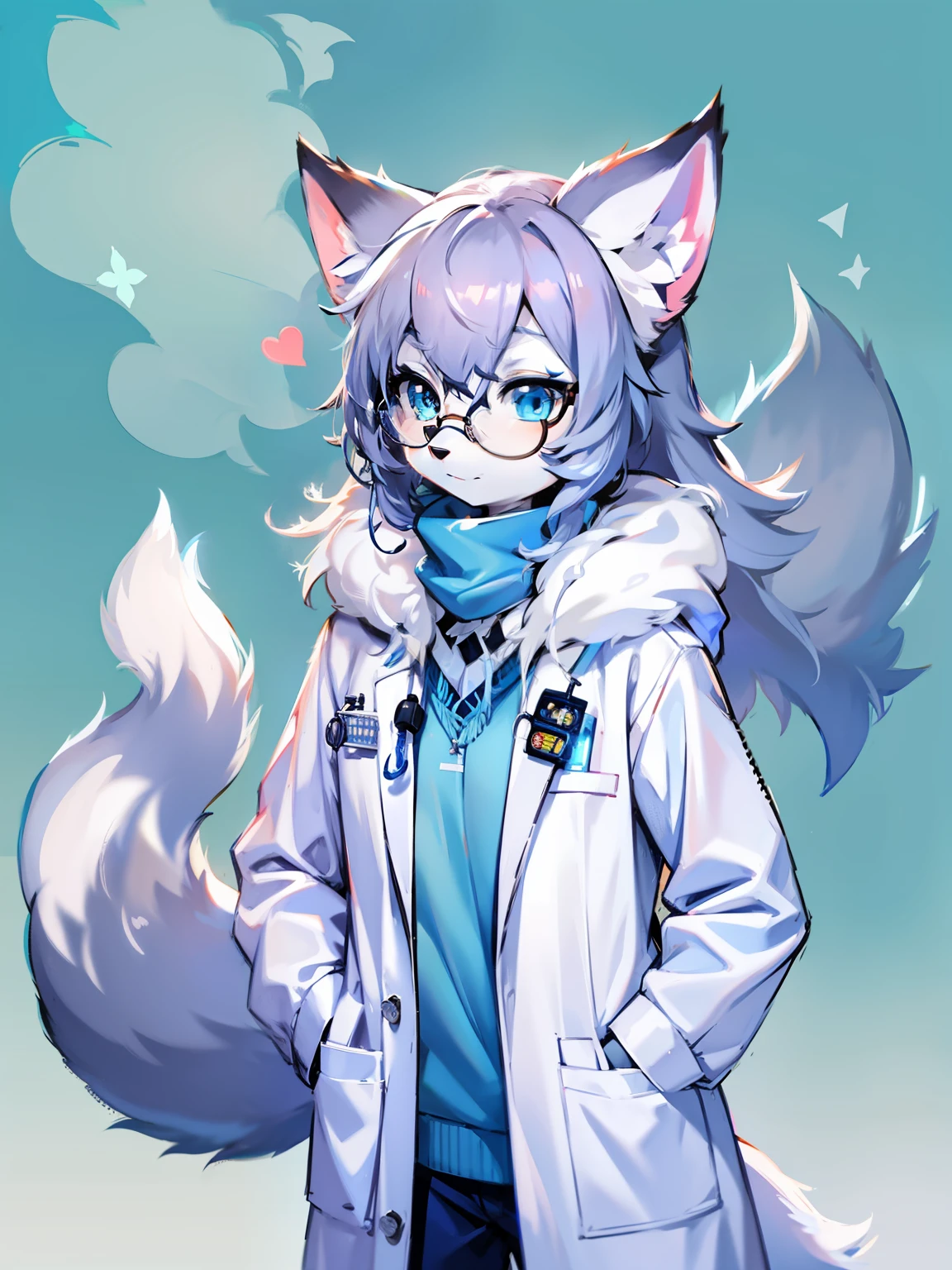 Anime character with arctic fox ears wearing lab coat and blue scarf,Arctic fox with fluffy blue fur and tail,Wear half-rimmed glasses,  Fox scientist, professional furry drawing