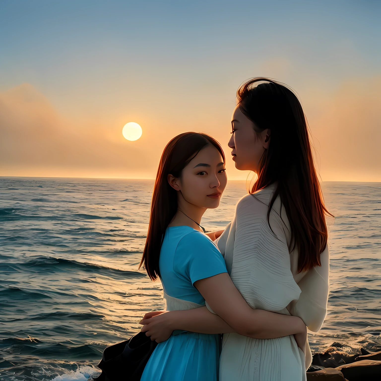 Beautuful Women,the sea,Fog,Real Human,Chinese,The sun and the moon coexist