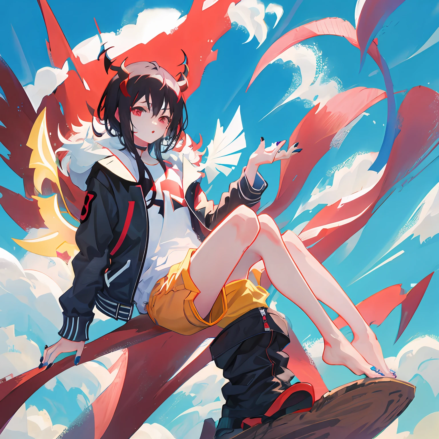 Black hair, red color eyes, Short fluffy hair, 1boys, floating in air, Fluffy leather jacket, Summer shorts, Barefoot, Apply black nail polish, Carry a Uzi submachine gun, have demon wings, There are Devil's Horns, There is the devil's tail, lean and thin, preciseness, Two-dimensional anime, 8K, Super detail,the sky background