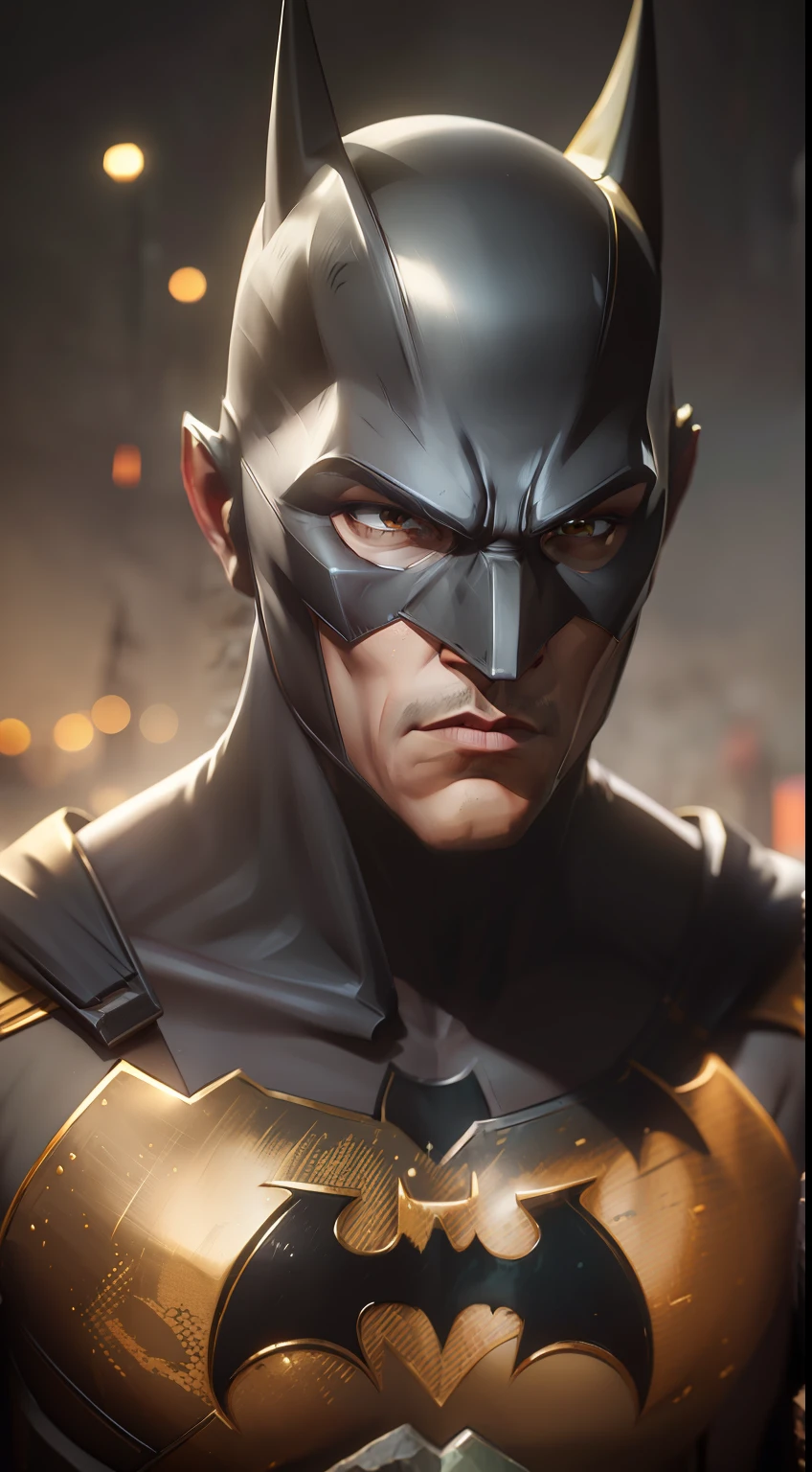 realistic portrait of batman with mask on, ((standing on stone wall)), wearing golden batman armor, background dark lighting, close-up, detailed facial details, perfect face, sharpness, trend art, sharp facial details, ultra high quality, bokeh, UHD, ray tracing,