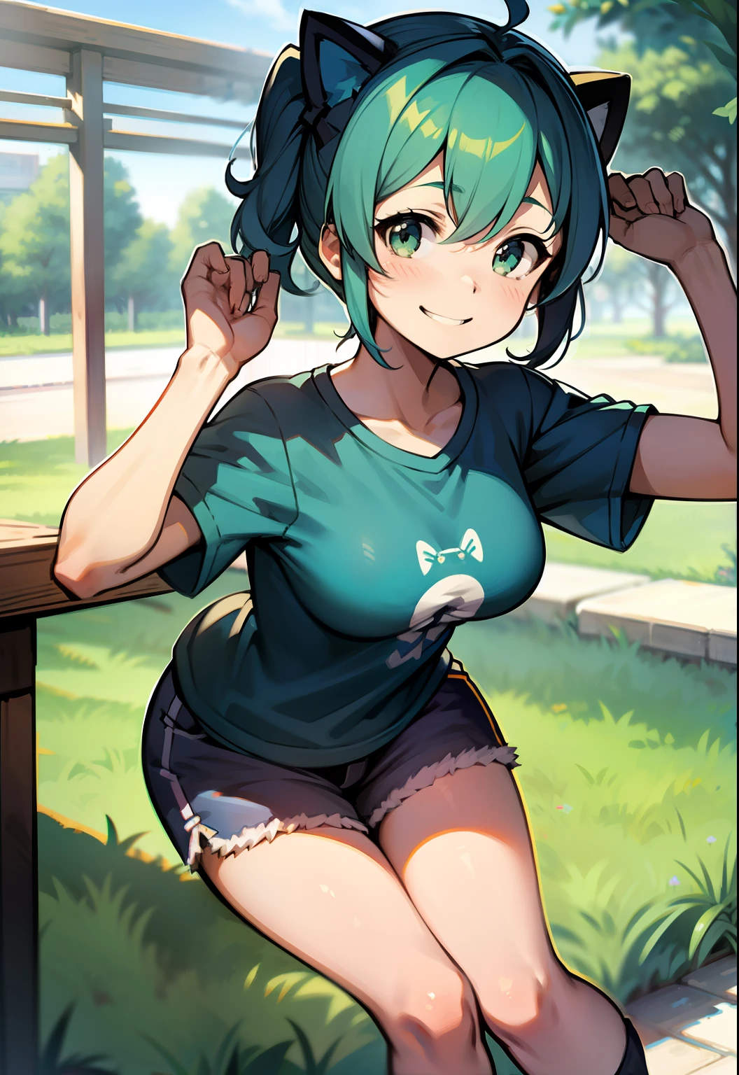 michiru, in full frame, with T-shirt and shorts. Smiling.