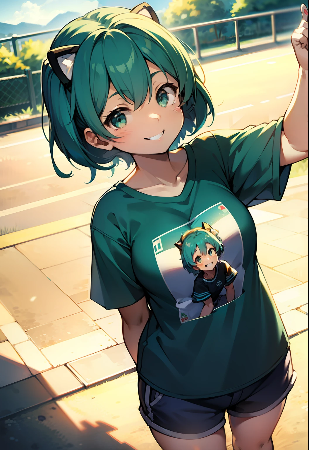 michiru, in full frame, with T-shirt and shorts. Smiling.