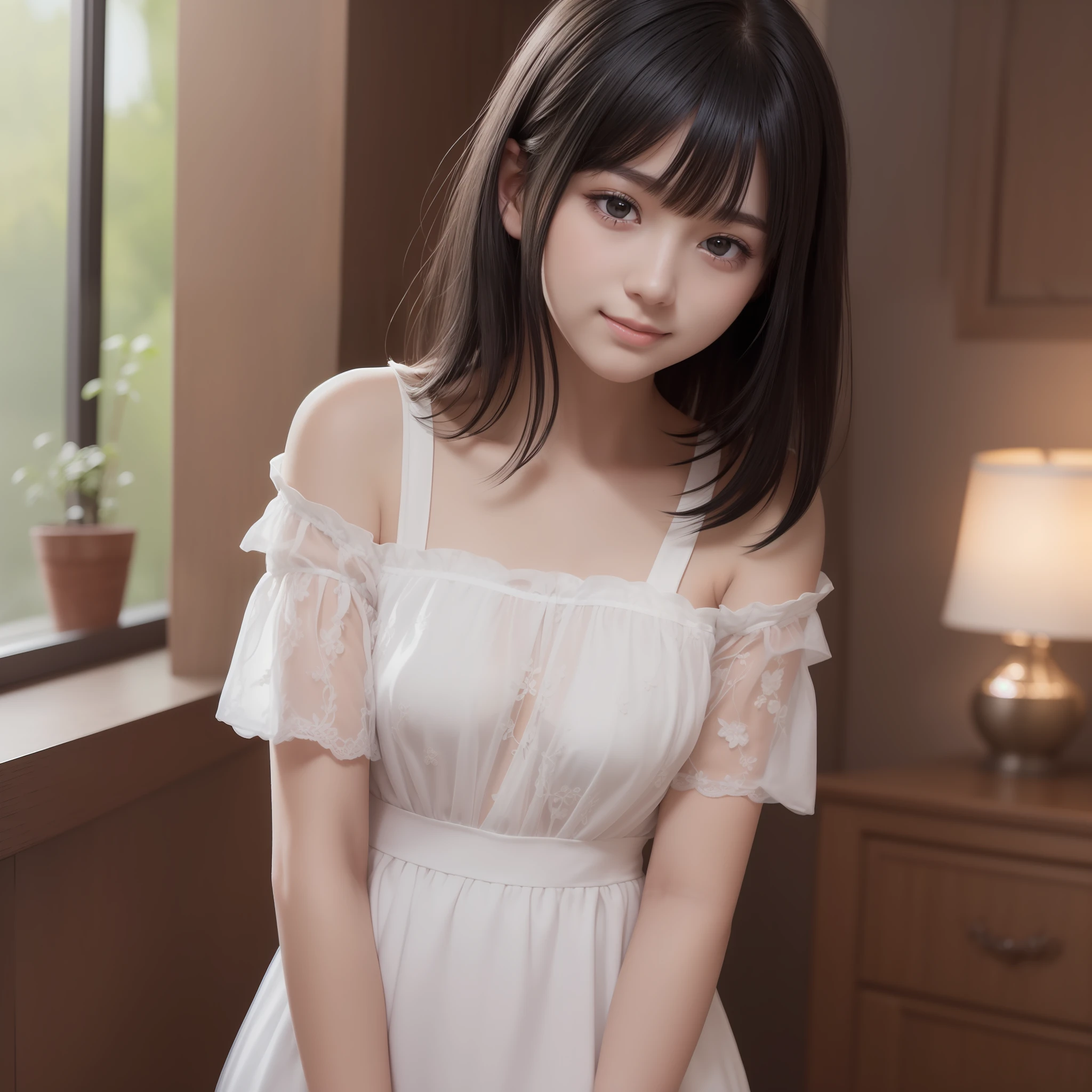 Image of beautiful age girl with top quality CG illustration。In high resolution、Beautiful fine details、tranquil atmosphere。(((Black Hair Bob Hair)))、Cute smile with mouth closed。Girl in white light short sleeve dress standing in room。