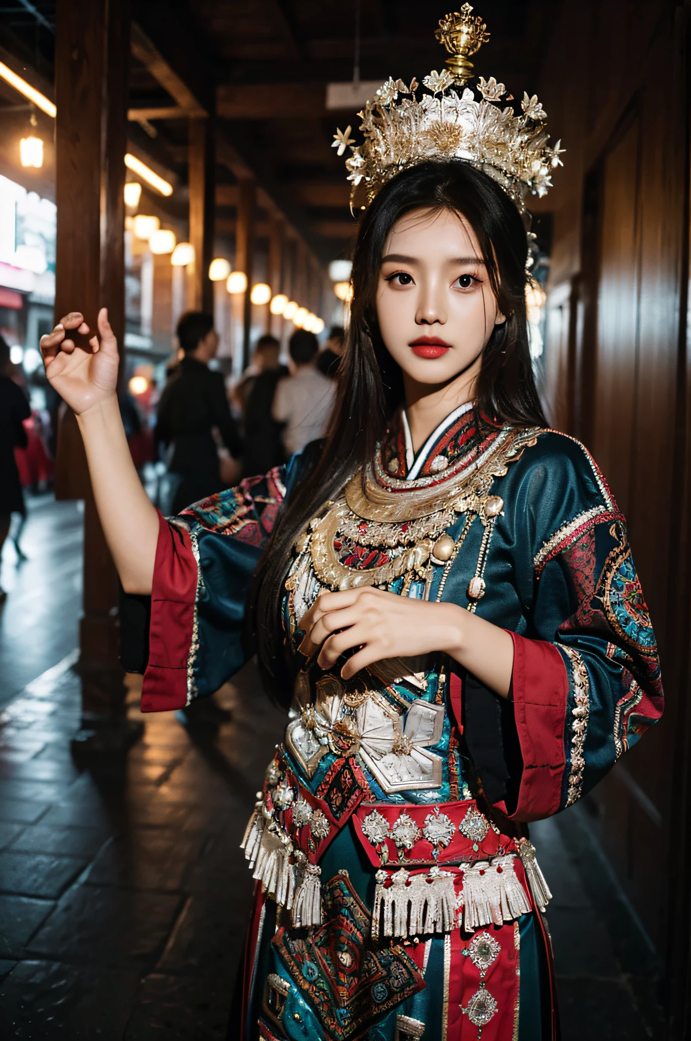 （Hyperrealistic,）4K,35mm，hyper-high detail, Professional lighting, Best quality, Ultra-high resolution, Visually stunning, (1girll:1.1), （Hmong clothing）,realskin,（Perfect body 1.3）Ultra-delicate face。