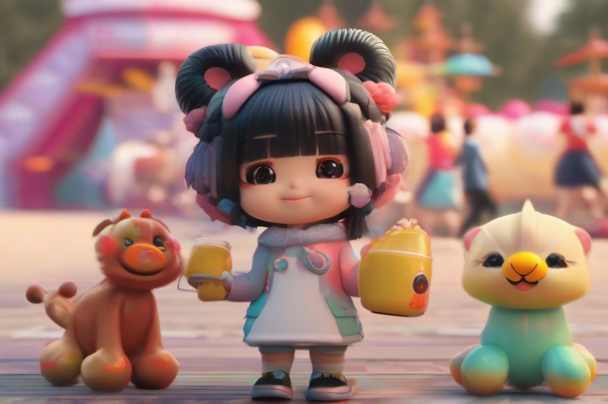Chengdu Universiade,Cute little animals cheers!black hair, hair bobbles, wince, longeyelashes, solid circle eyes, fake animal ears, light smile, ear blush, fang, Surrealism, drop shadow, anaglyph, stereogram, tachi-e, pov, atmospheric perspective, 8k, super detail, ccurate, best quality