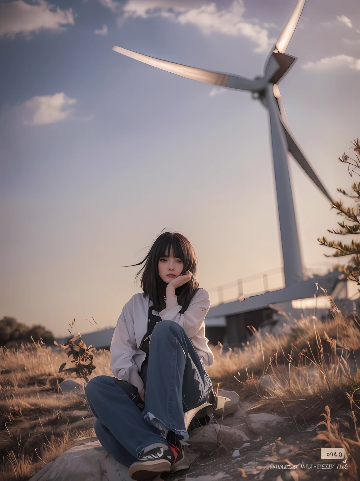 Arad woman sitting on a rock next to a wind turbine, lofi girl aesthetic, lofi-girl, wind kissed picture, The wind blows hair, strong winds, wind blown, Anime style mixed with Fujifilm, wind in the hair, wind blown,hair flowing, Beautiful young wind spirit, ulzzangs, windy day, lofi portrait, windy hair